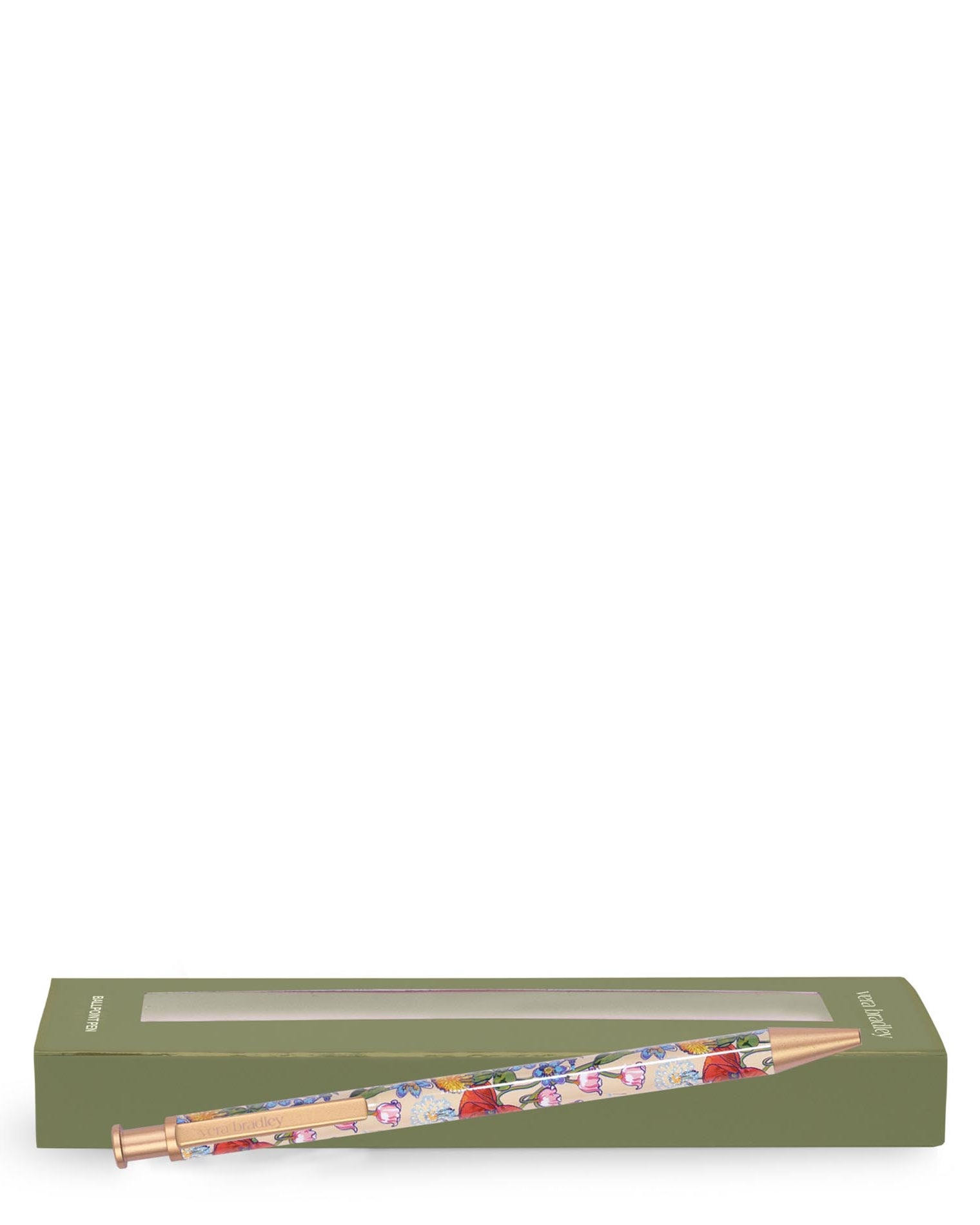 Floral-patterned pencil with green box on a white background