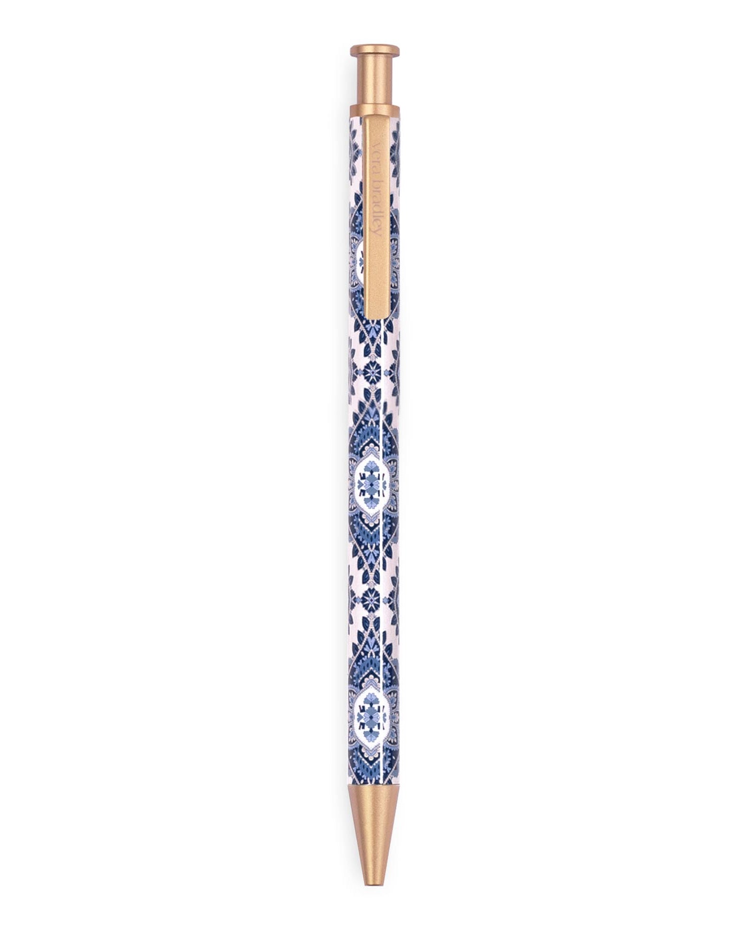 Pen with blue and white pattern and rose gold accents on a white background
