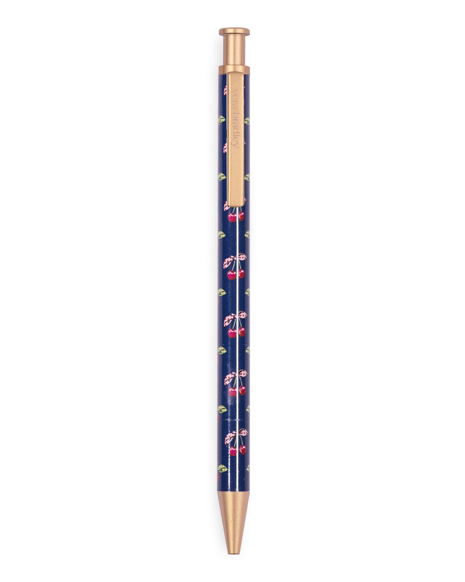 Pen with a blue barrel and gold accents on a white background