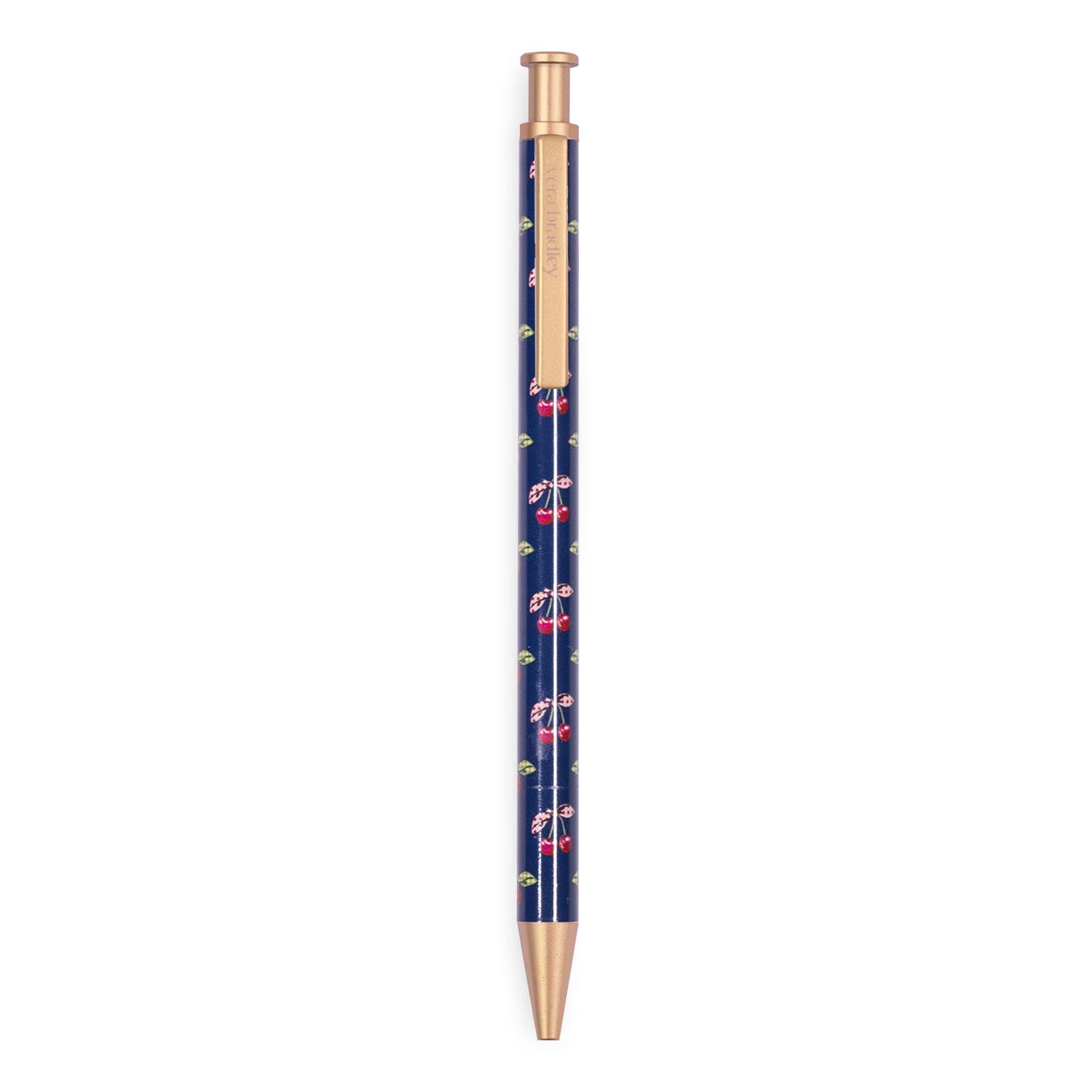Pen with a blue barrel and gold accents on a white background