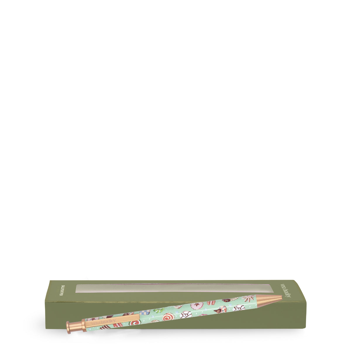 A decorative ballpoint pen with a light green patterned barrel and rose gold metal tip, resting on top of its olive green packaging box against a white background.