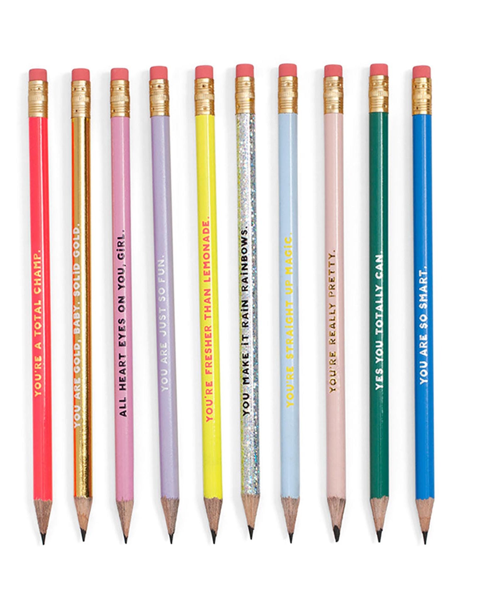 Set of colorful pencils with motivational phrases on a white background