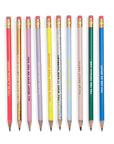 Set of colorful pencils with motivational phrases on a white background