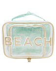 Clear beach bag with 'BEACH' text on a white background