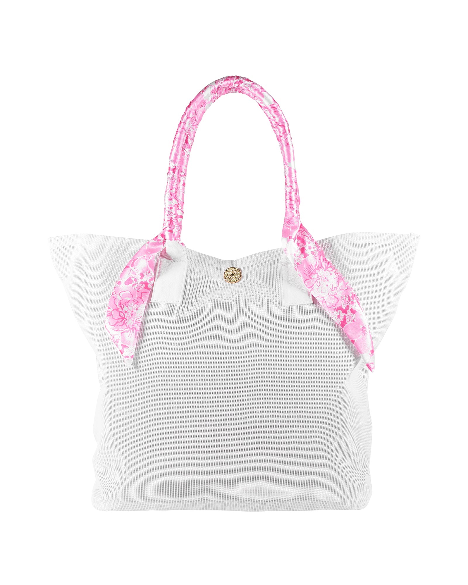 white mesh tote beach bag with pink and white floral handles