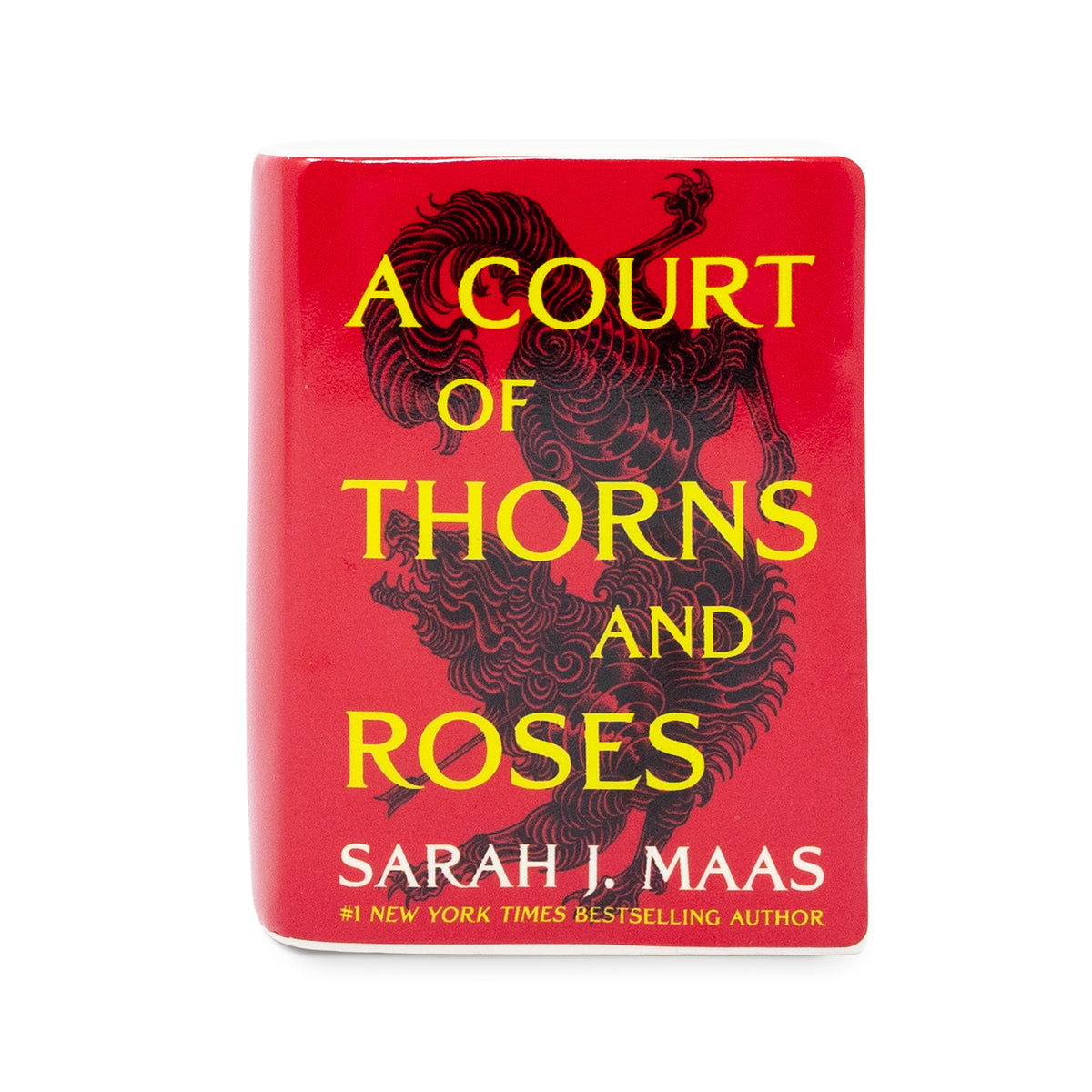 The book cover of 'A Court of Thorns and Roses' by Sarah J. Maas, featuring a vibrant red background with a black creature illustration and bold yellow and white text.