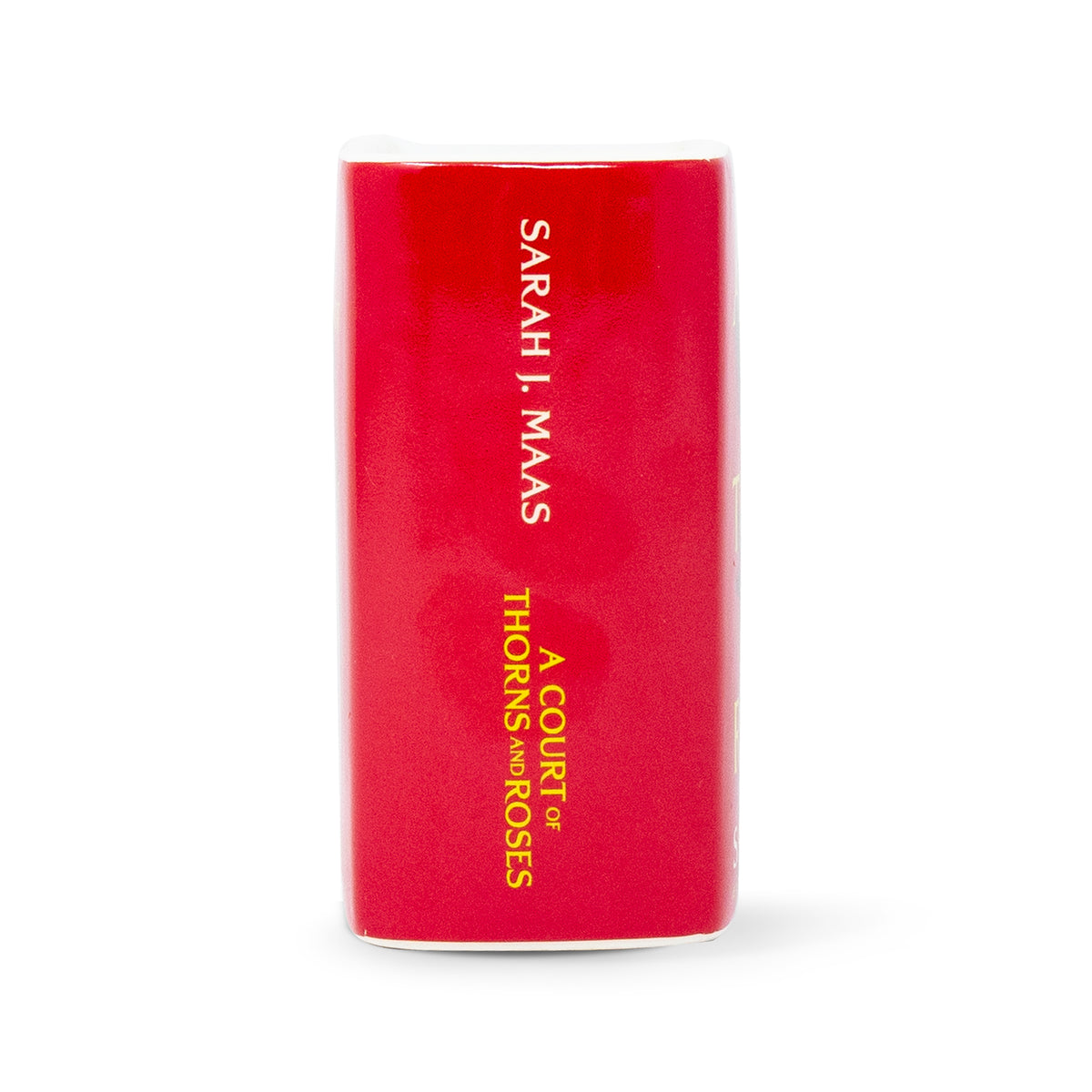 A red rectangular spine with white and yellow text reading 'SARAH J. MAAS' and 'A COURT OF THORNS AND ROSES' on a white background.