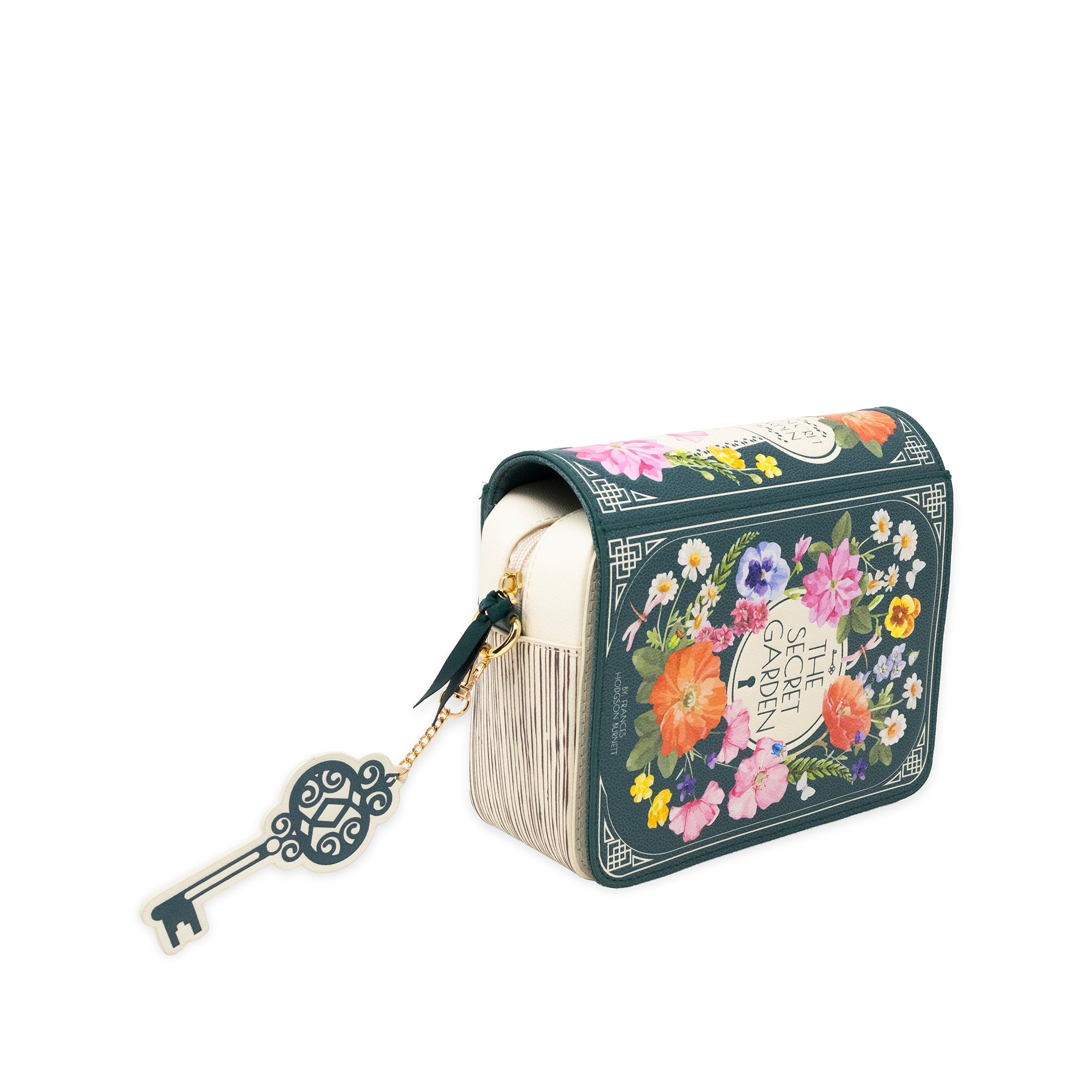 A decorative book-shaped clutch or pouch with a floral cover, cream-colored pages, and a dangling ornate key charm on a white background.