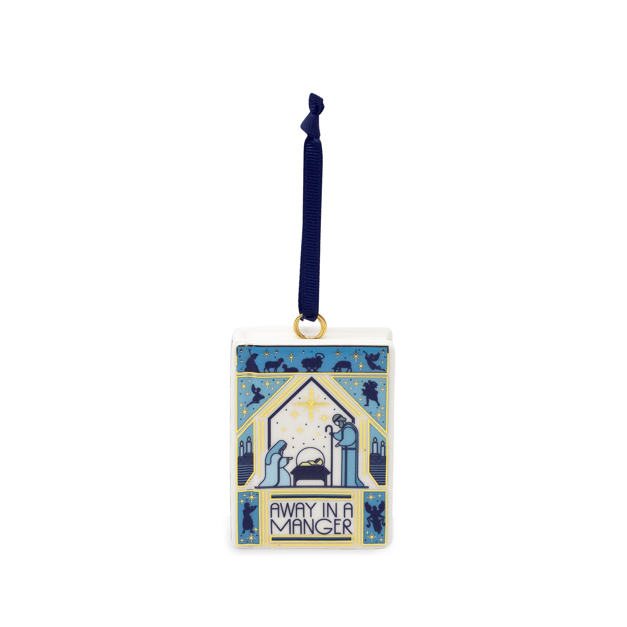 A square ceramic Christmas ornament featuring the poem 'Away in a Manger' in stylized blue, yellow, and cream illustration, hanging from a dark navy ribbon with a gold loop, on a plain white background.