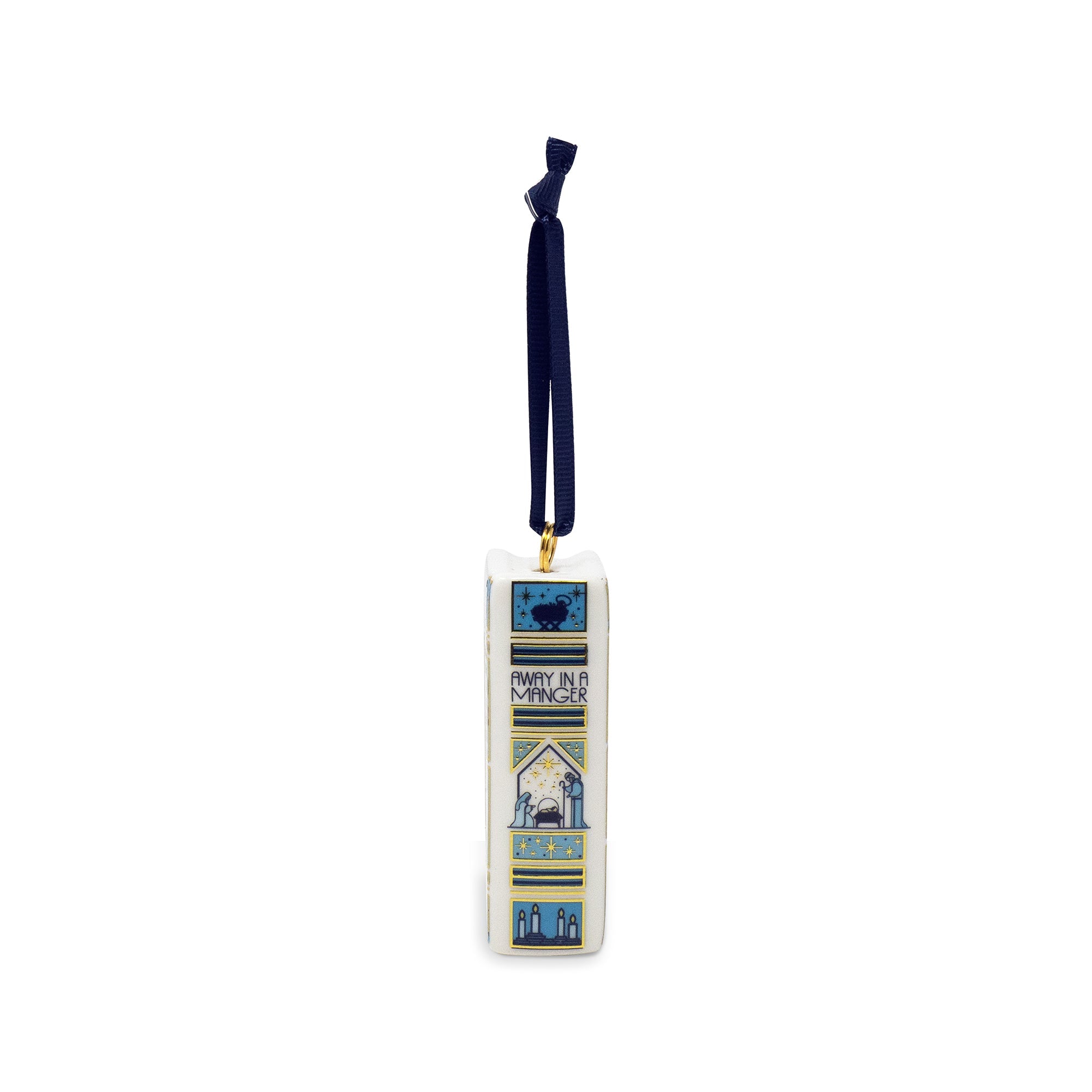 Spine of a square ceramic Christmas ornament featuring the poem 'Away in a Manger' in stylized blue, yellow, and cream illustration, hanging from a dark navy ribbon with a gold loop, on a plain white background.