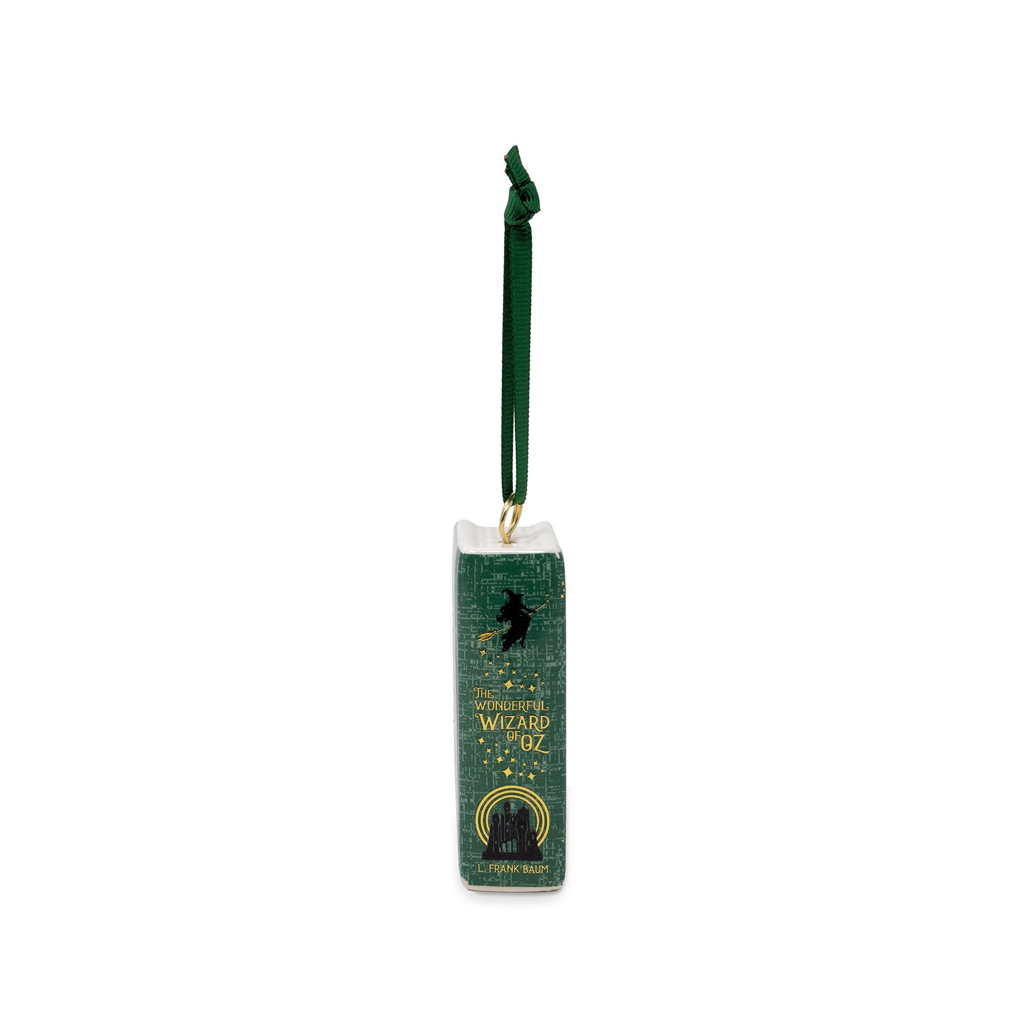 A small decorative ornament shaped like the book 'The Wonderful Wizard of Oz' with a green ribbon loop at the top, shown on a plain white background.
