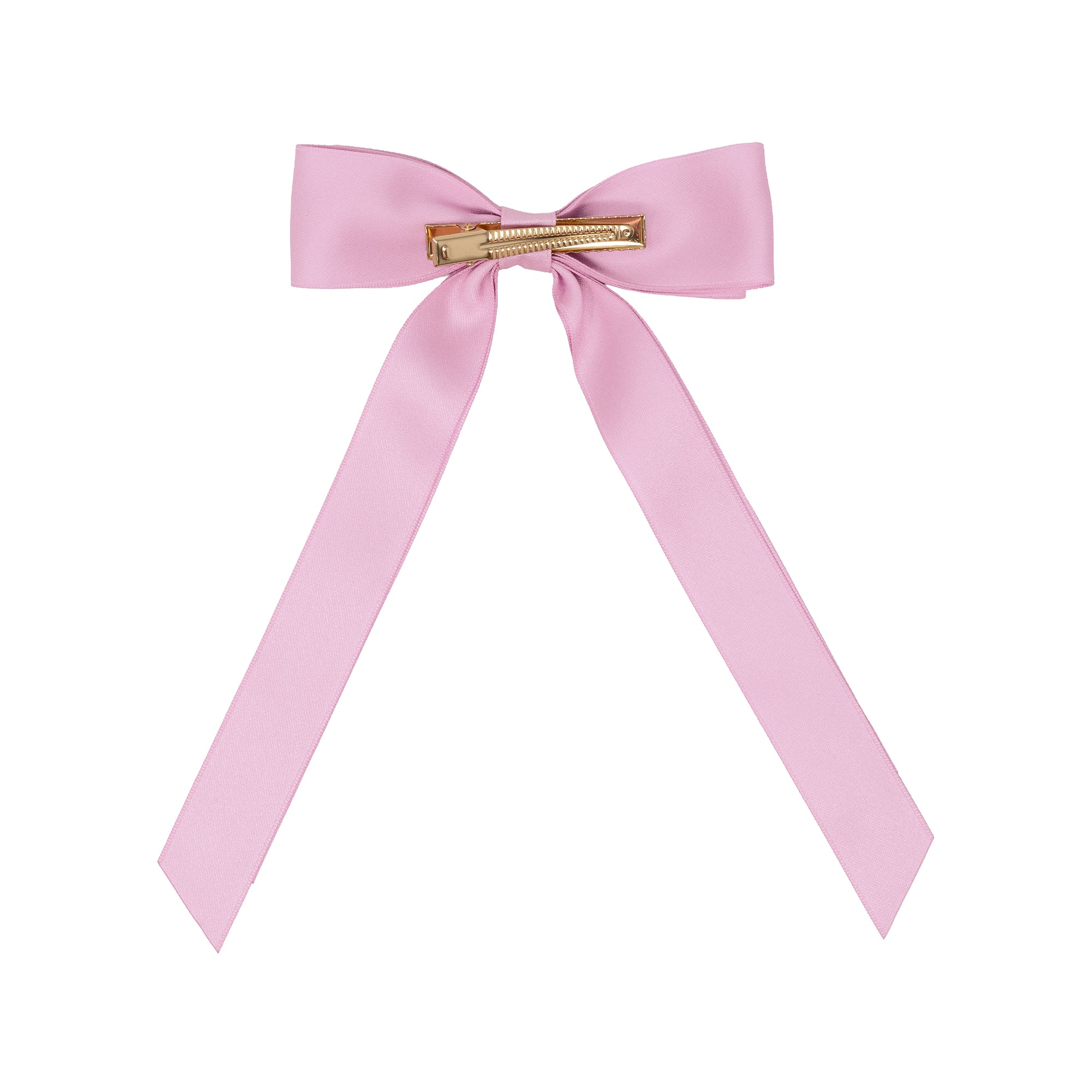 A light pink satin bow hair clip with a gold metal bar clasp, shown against a plain white background.