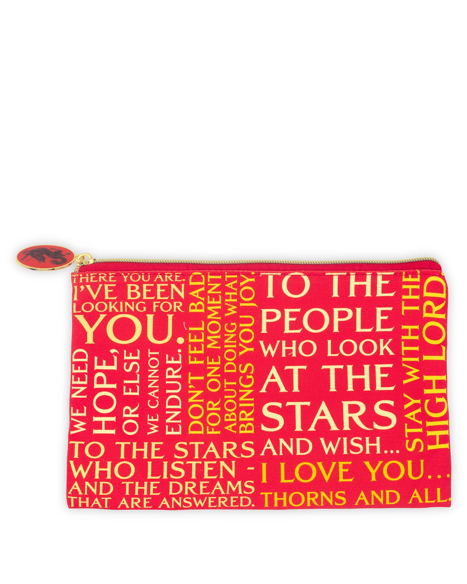 Red pouch with yellow text on a white background