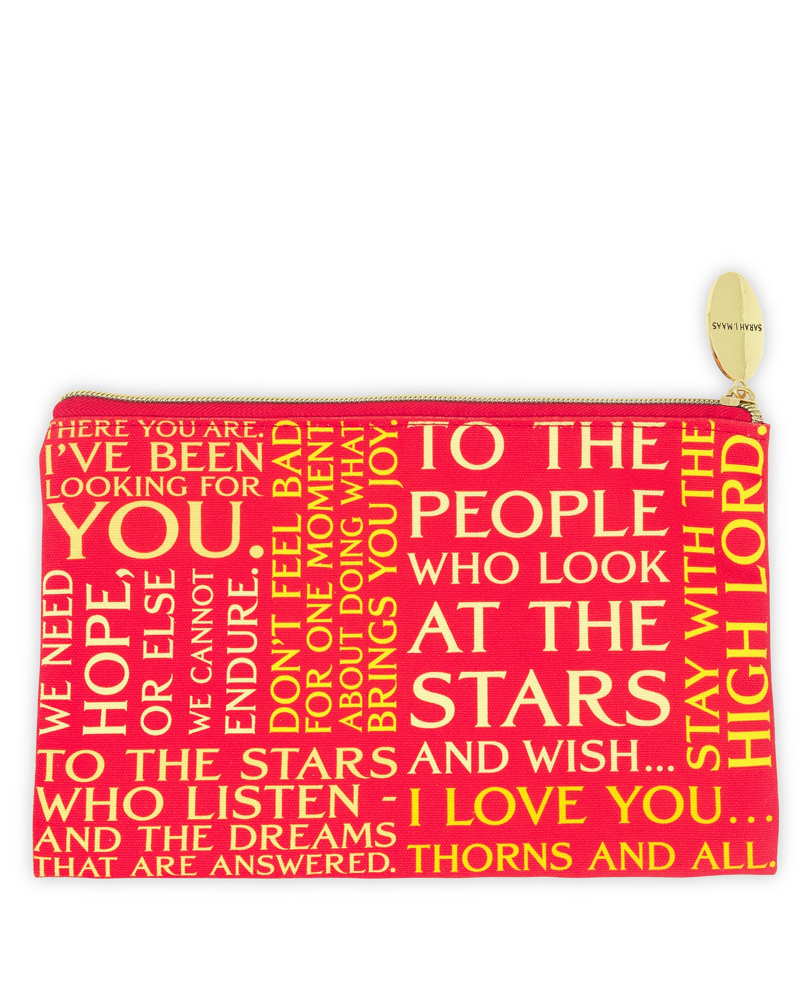 Red pouch with yellow text on a white background