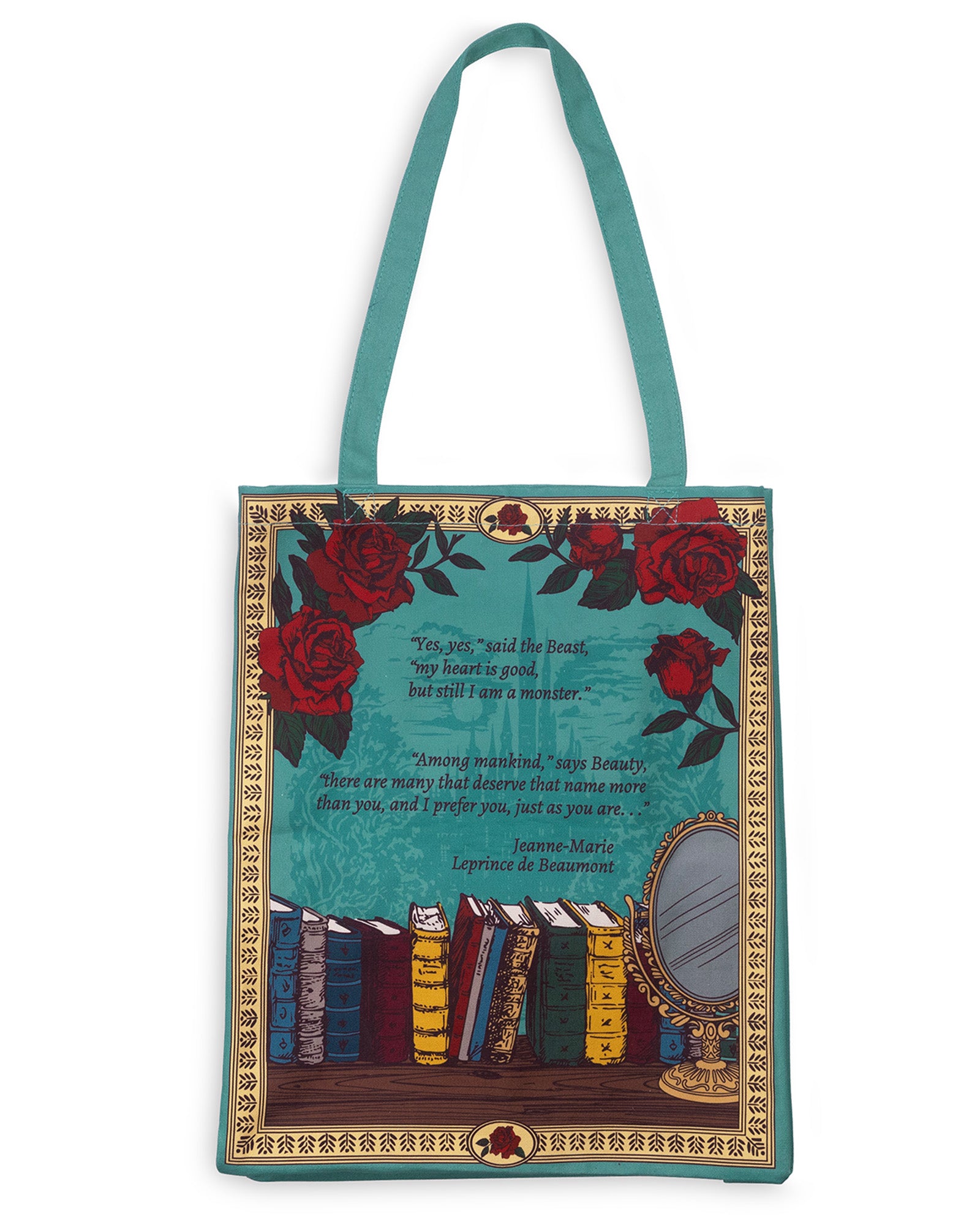 back view of teal beauty and the beast 'book cover' tote bag