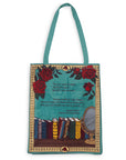 back view of teal beauty and the beast 'book cover' tote bag