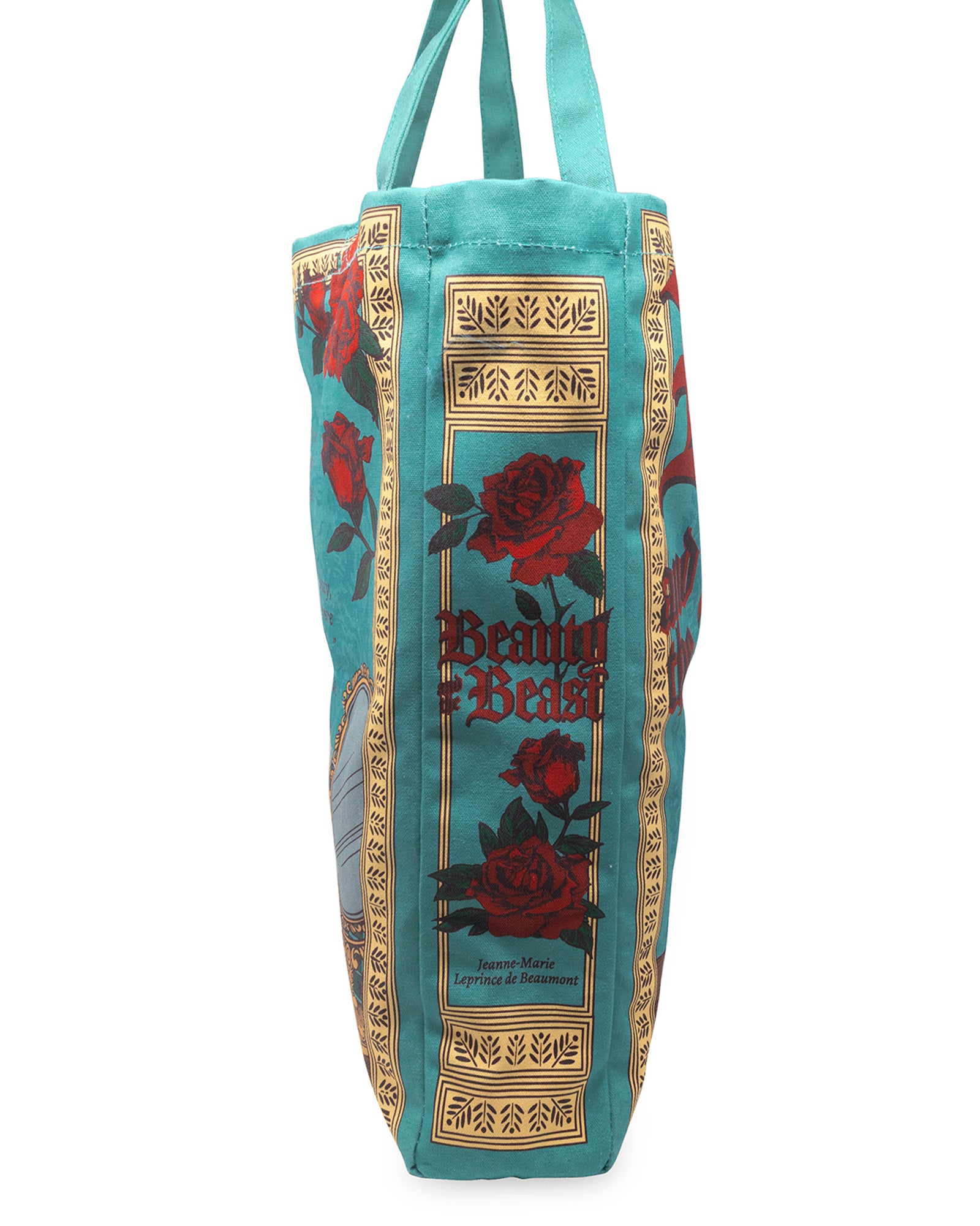 side view of teal beauty and the beast 'book cover' tote bag