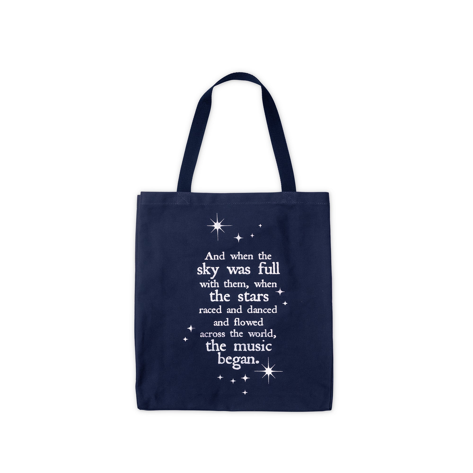 Navy tote bag with white text and star graphics on a white background