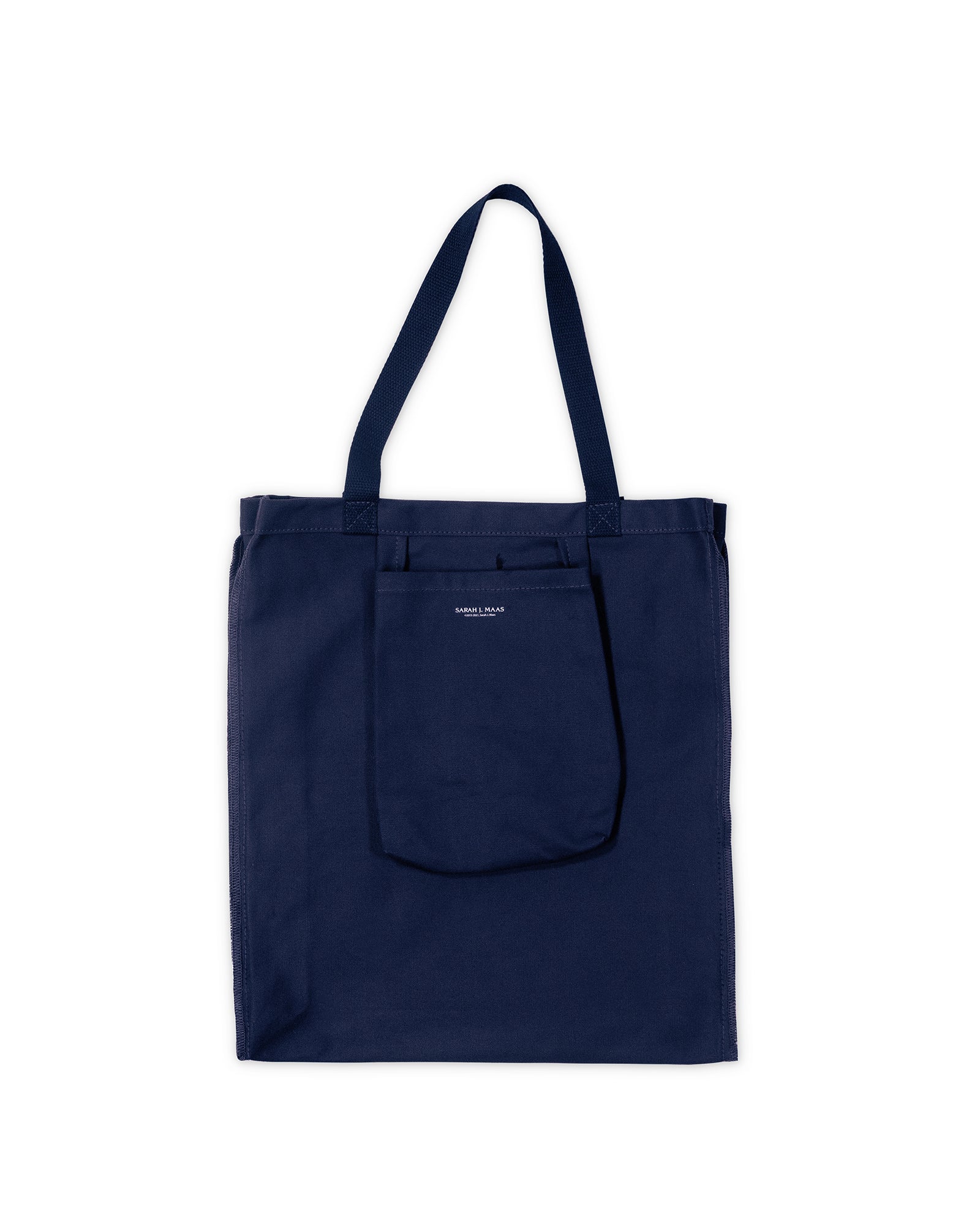 Navy blue tote bag with a pocket on a white background
