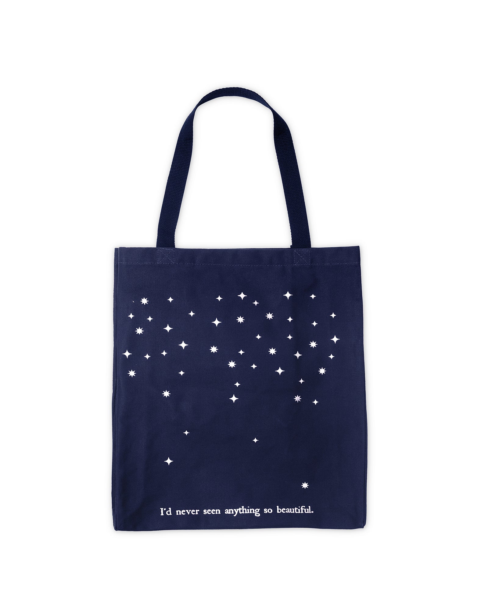 Navy tote bag with star pattern and text on a white background