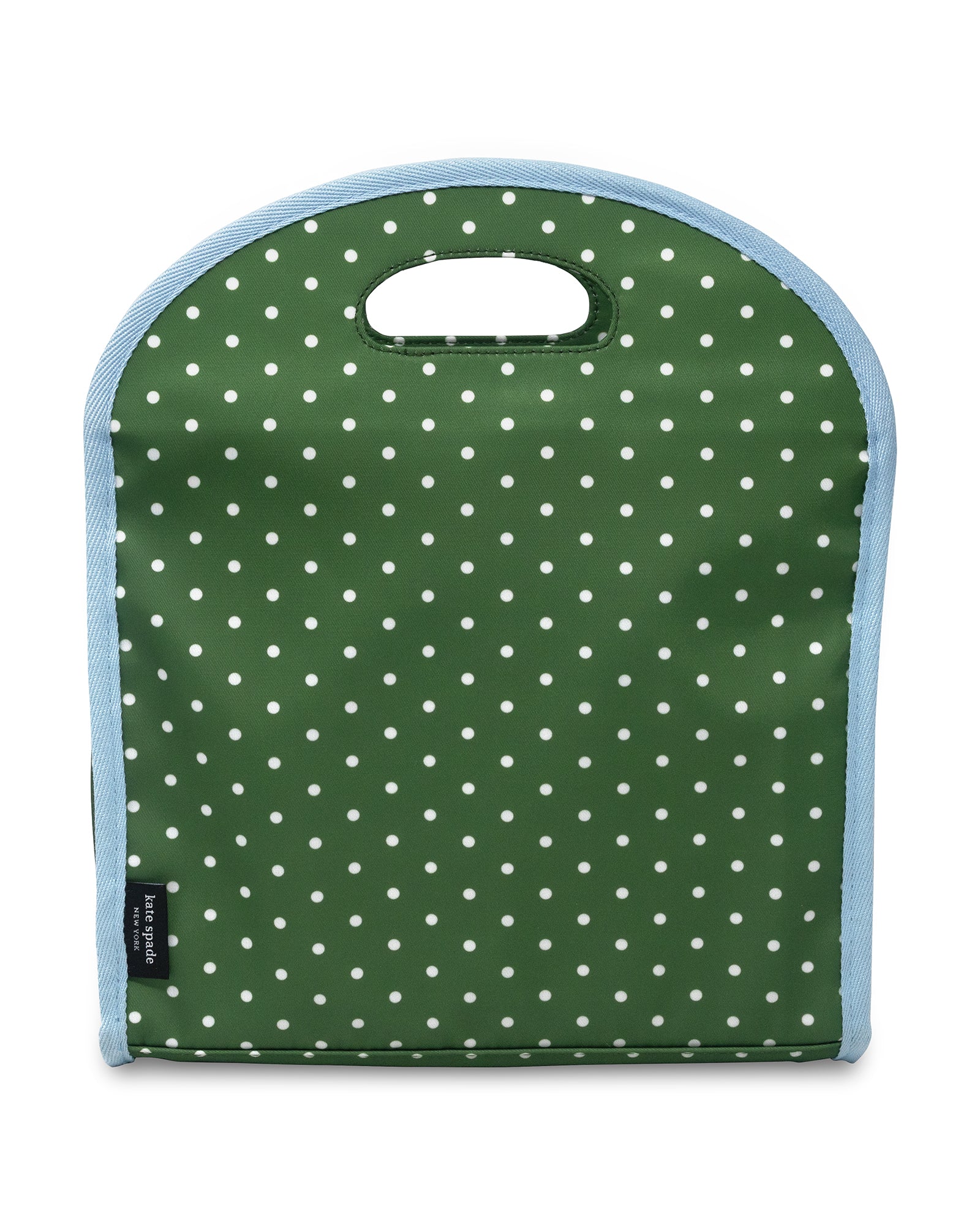 Green polka dot bag with white handle on a white background