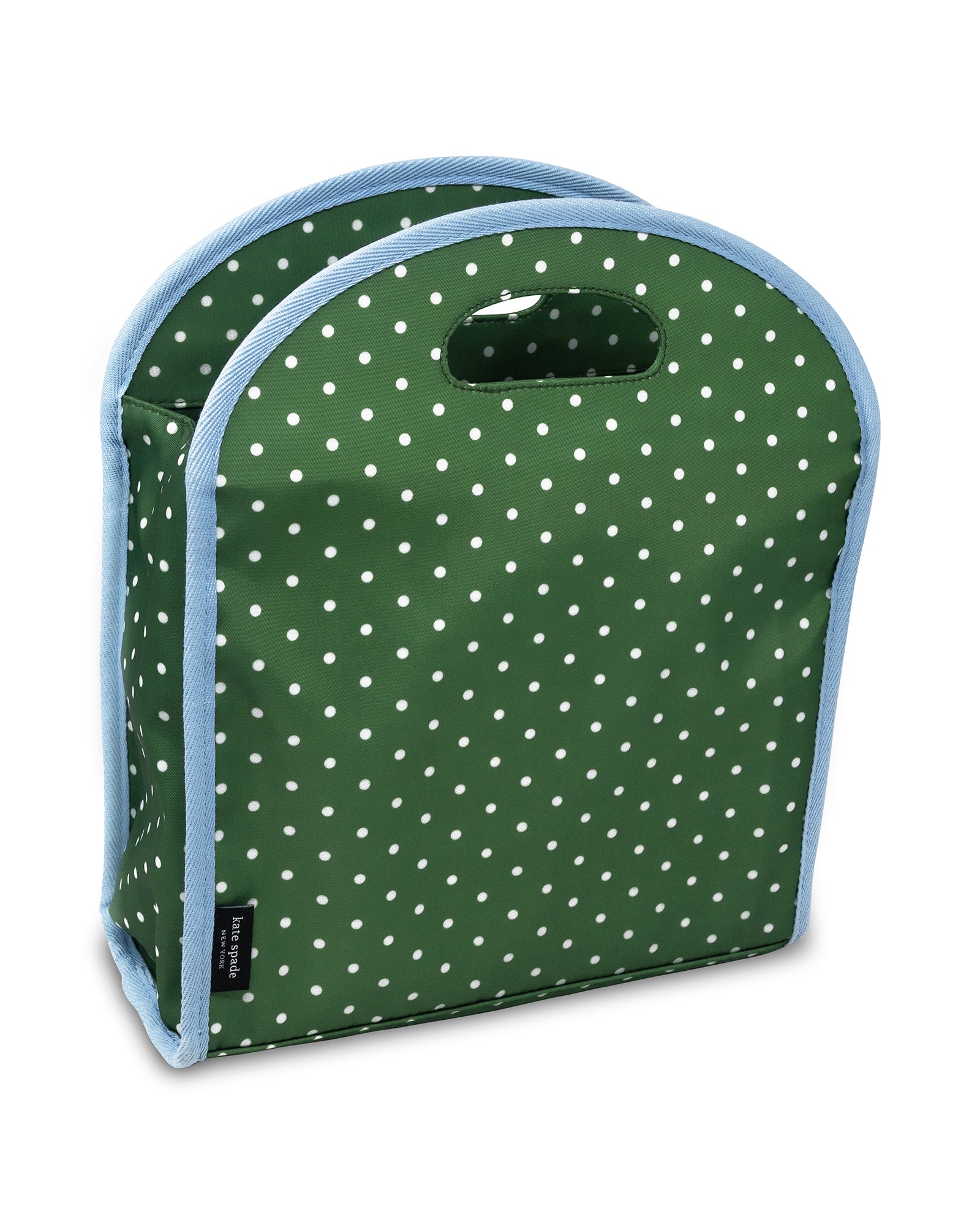 Green polka dot bag with blue trim on a white background
