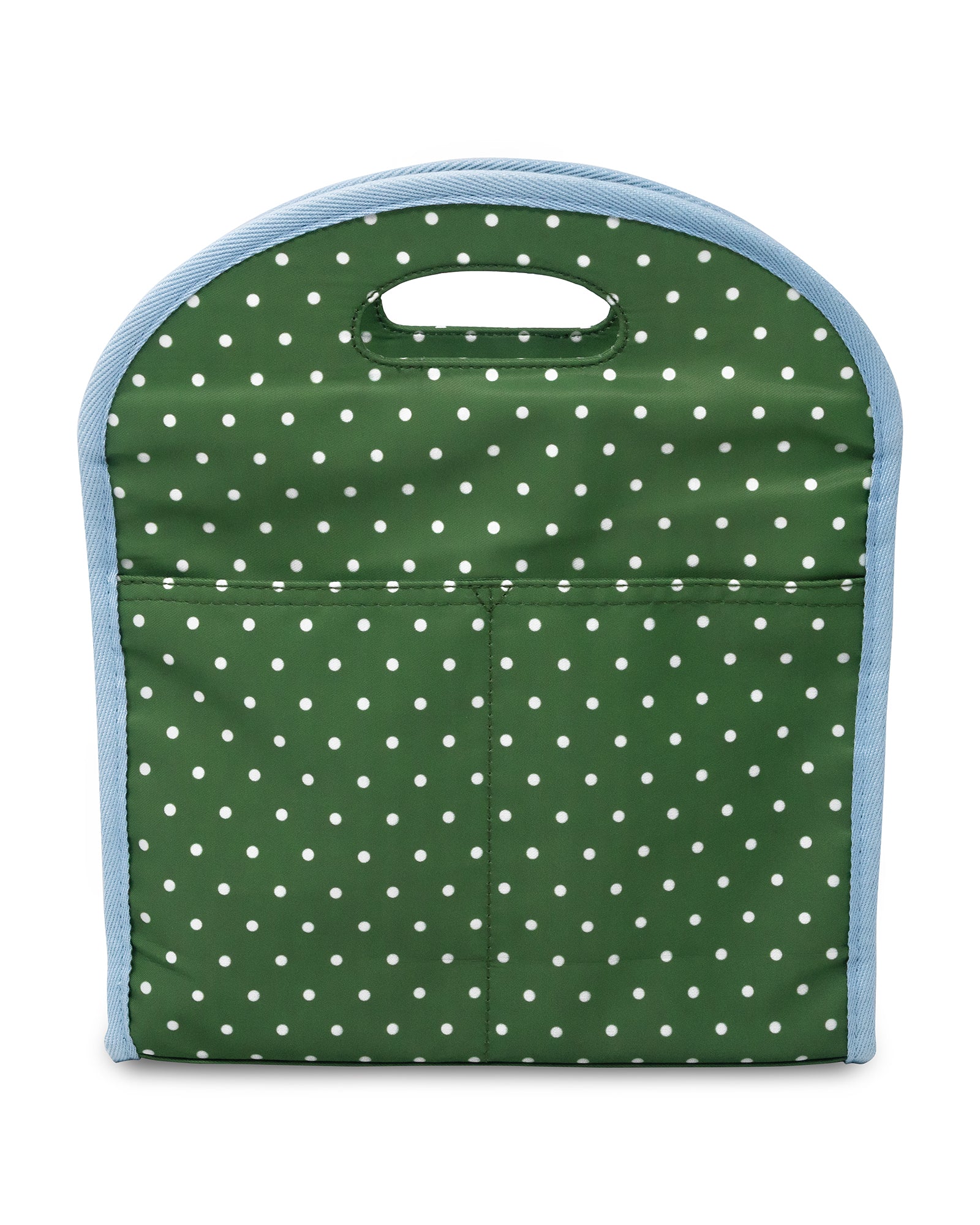 Green bag with white polka dots and blue trim on a white background