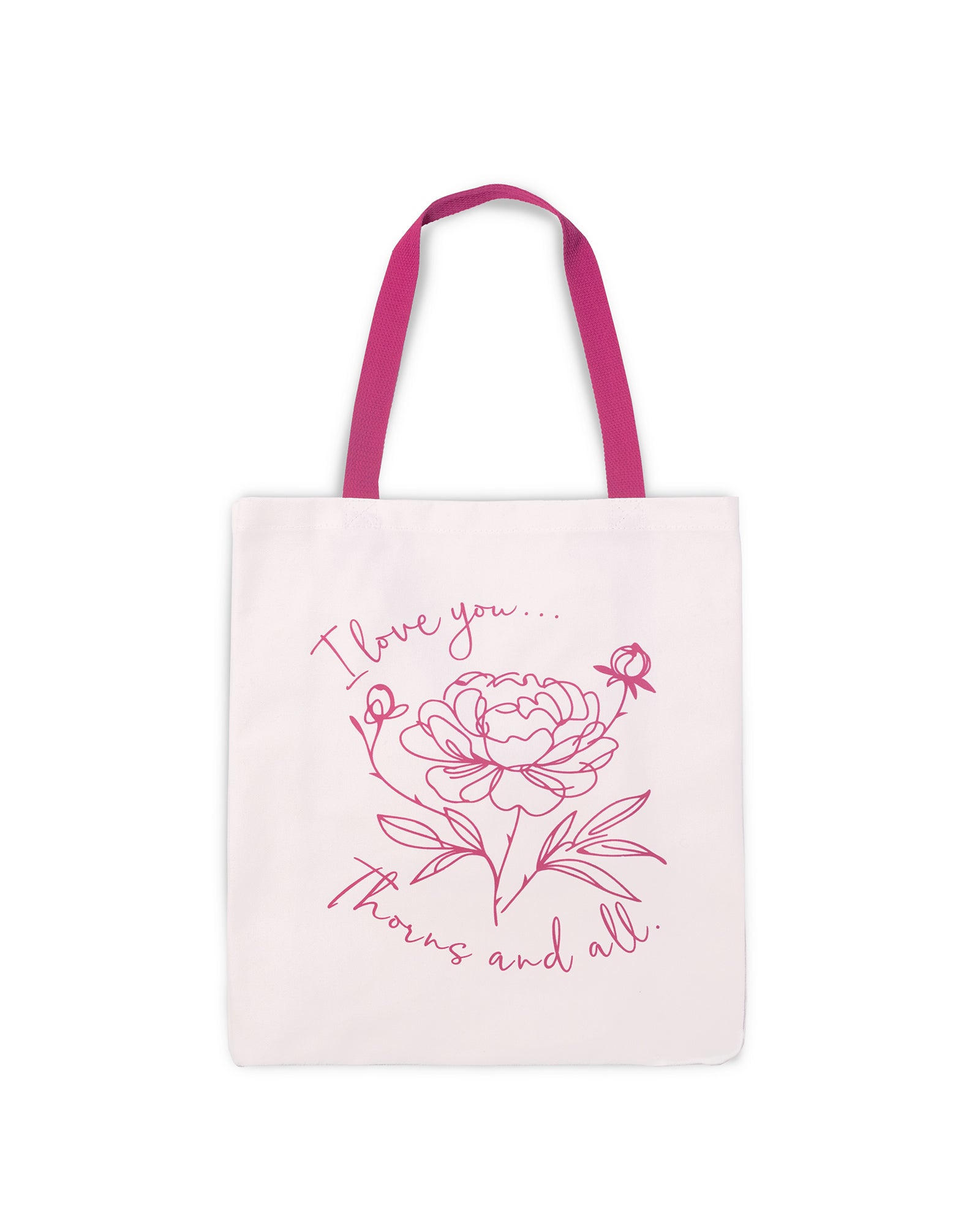 Tote bag with floral design and text on a white background