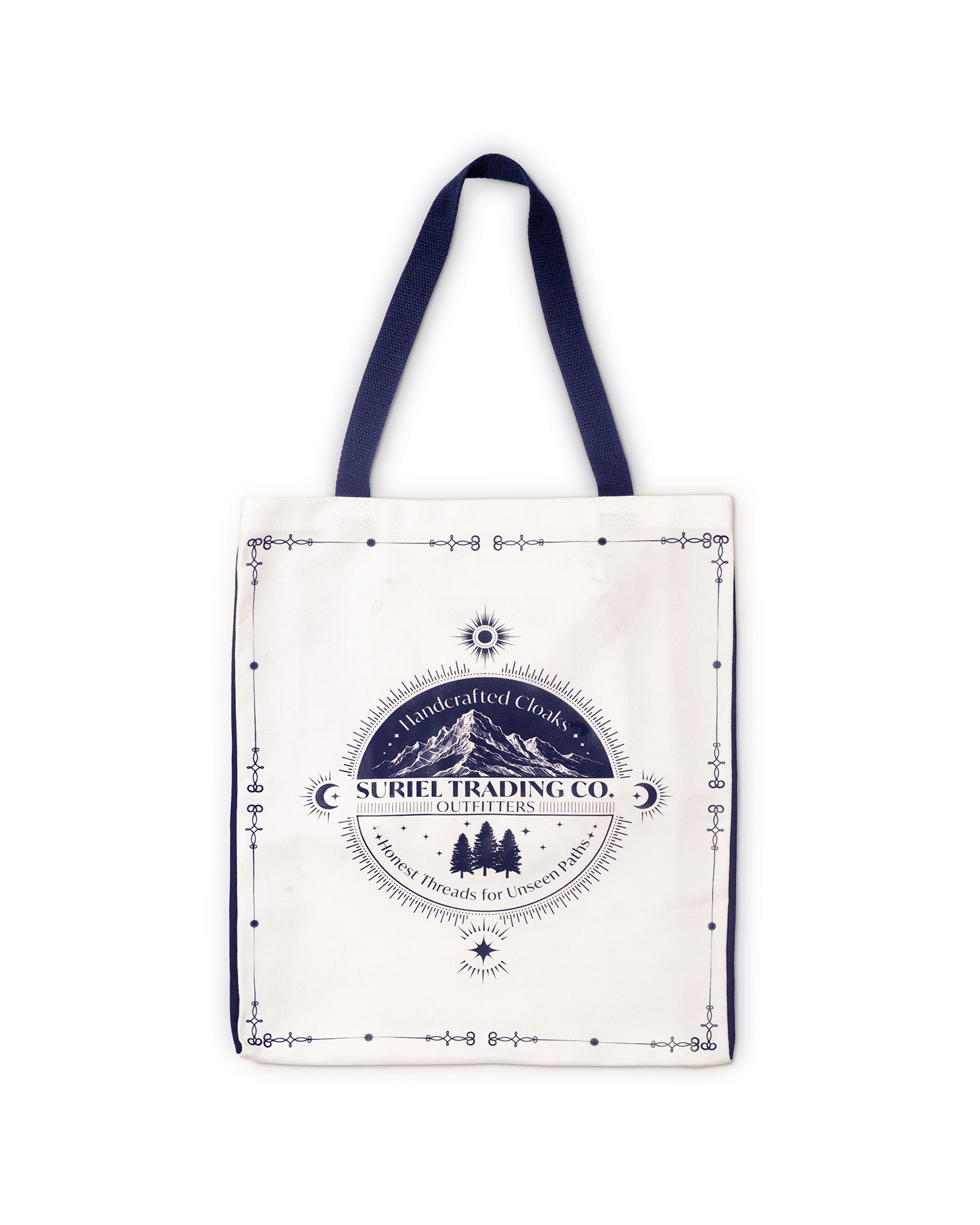 Tote bag with a logo and text on a white background