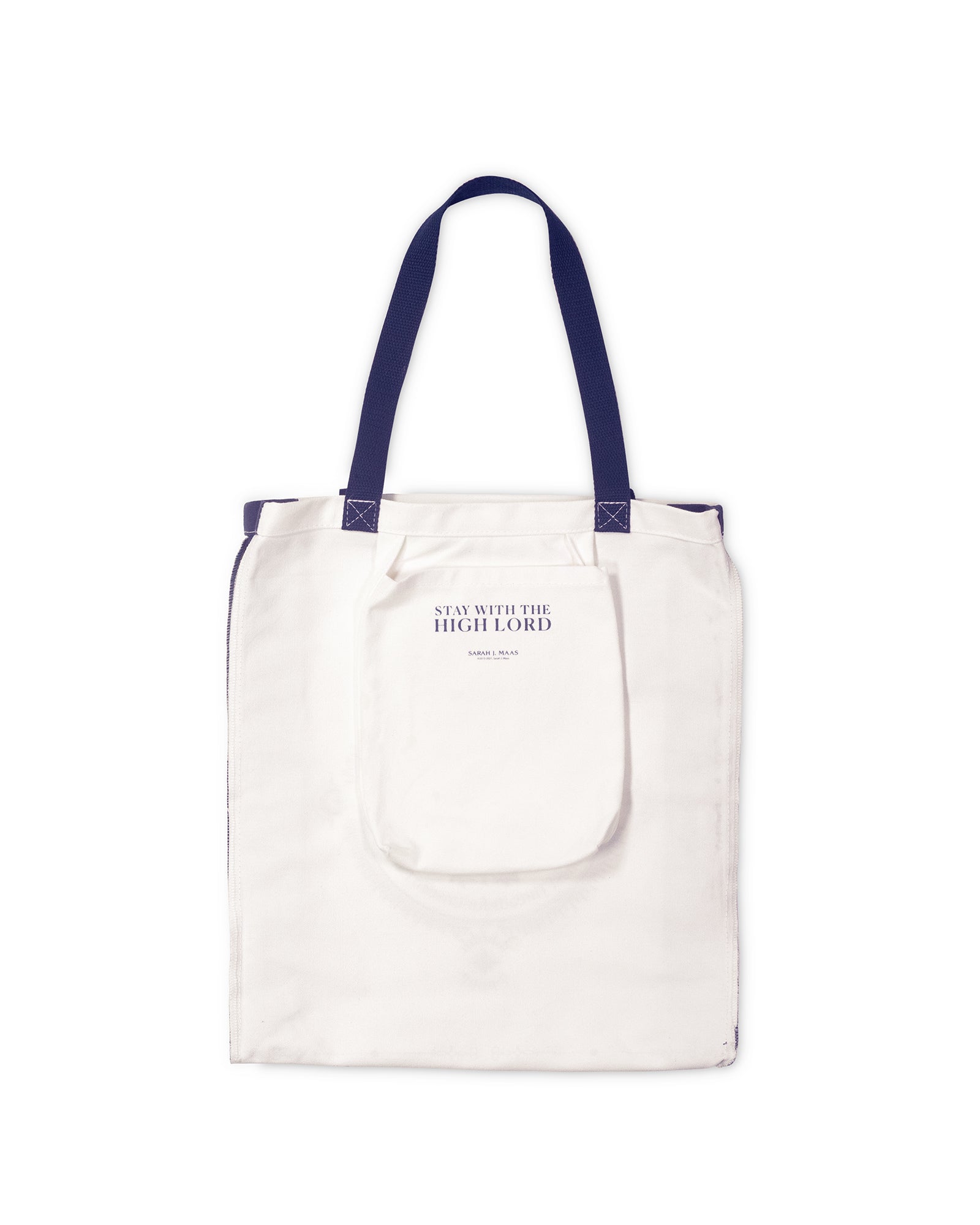 White tote bag with blue handles on a white background