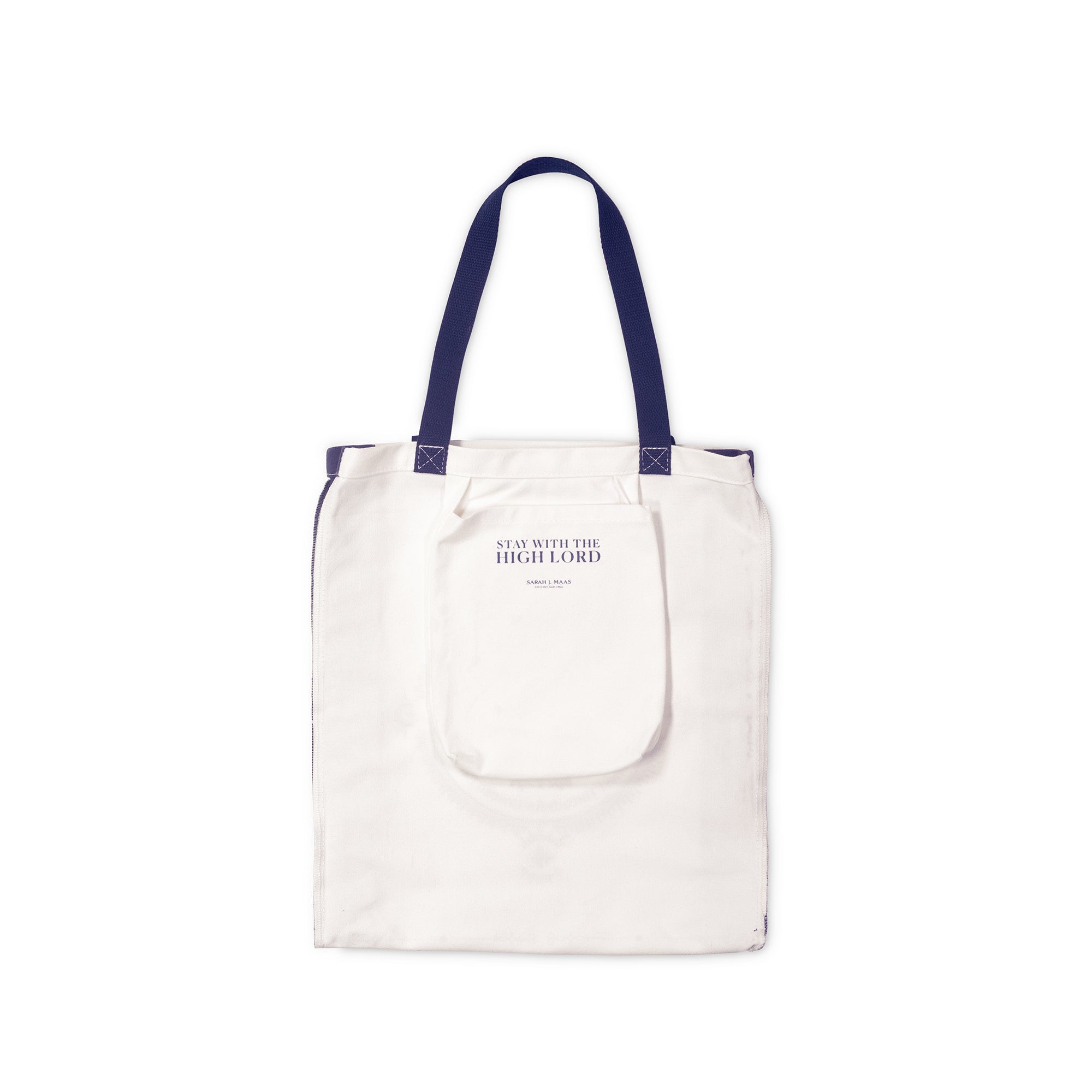 White tote bag with blue handles on a white background