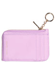 Pink wallet with keychain on a white background