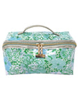 Floral patterned cosmetic bag with gold zipper and handle on a white background