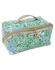 Floral-patterned jewelry box with gold zipper and handle on a white background