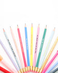 Assorted colored pencils with motivational text on a white background
