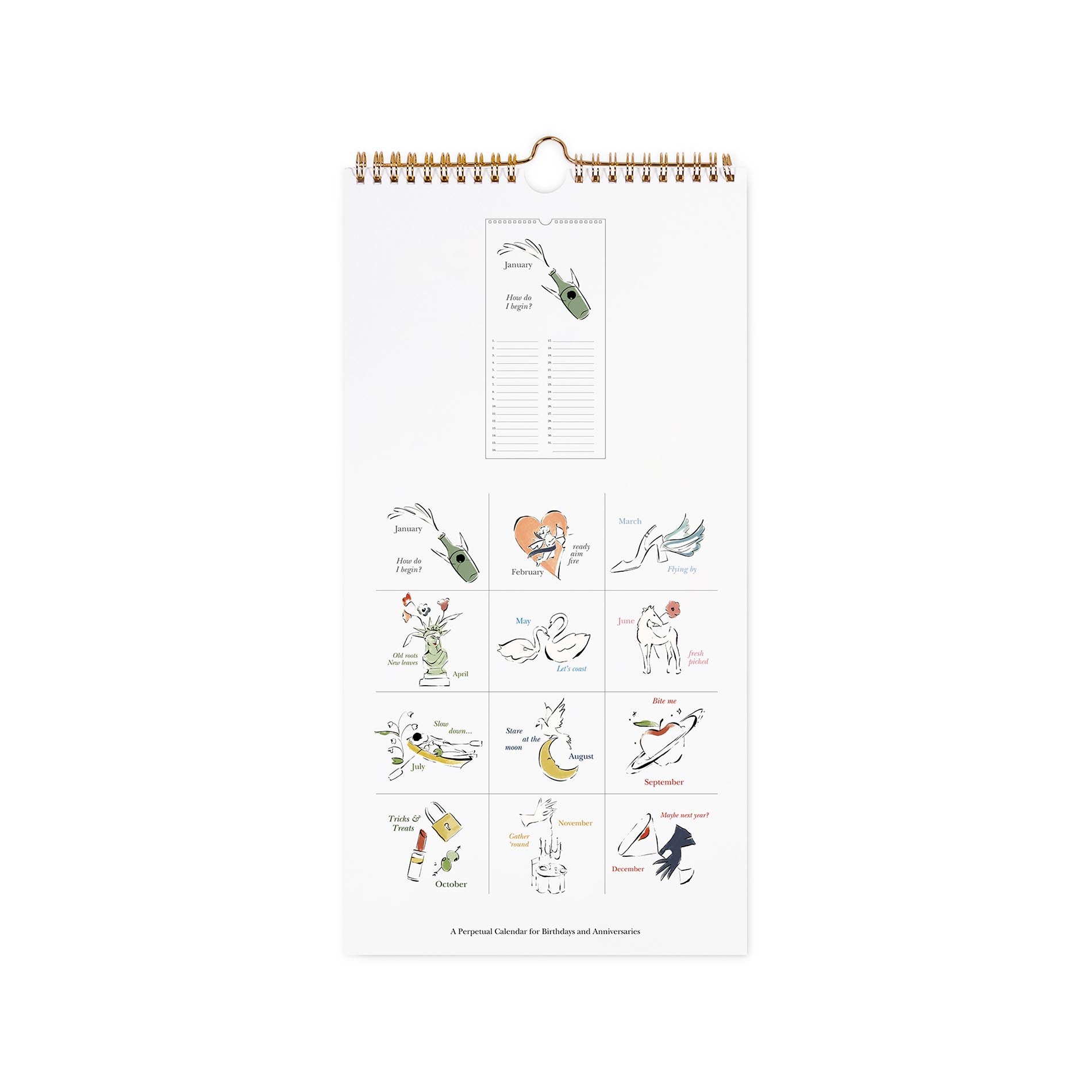 Calendar with illustrations and text on a white background