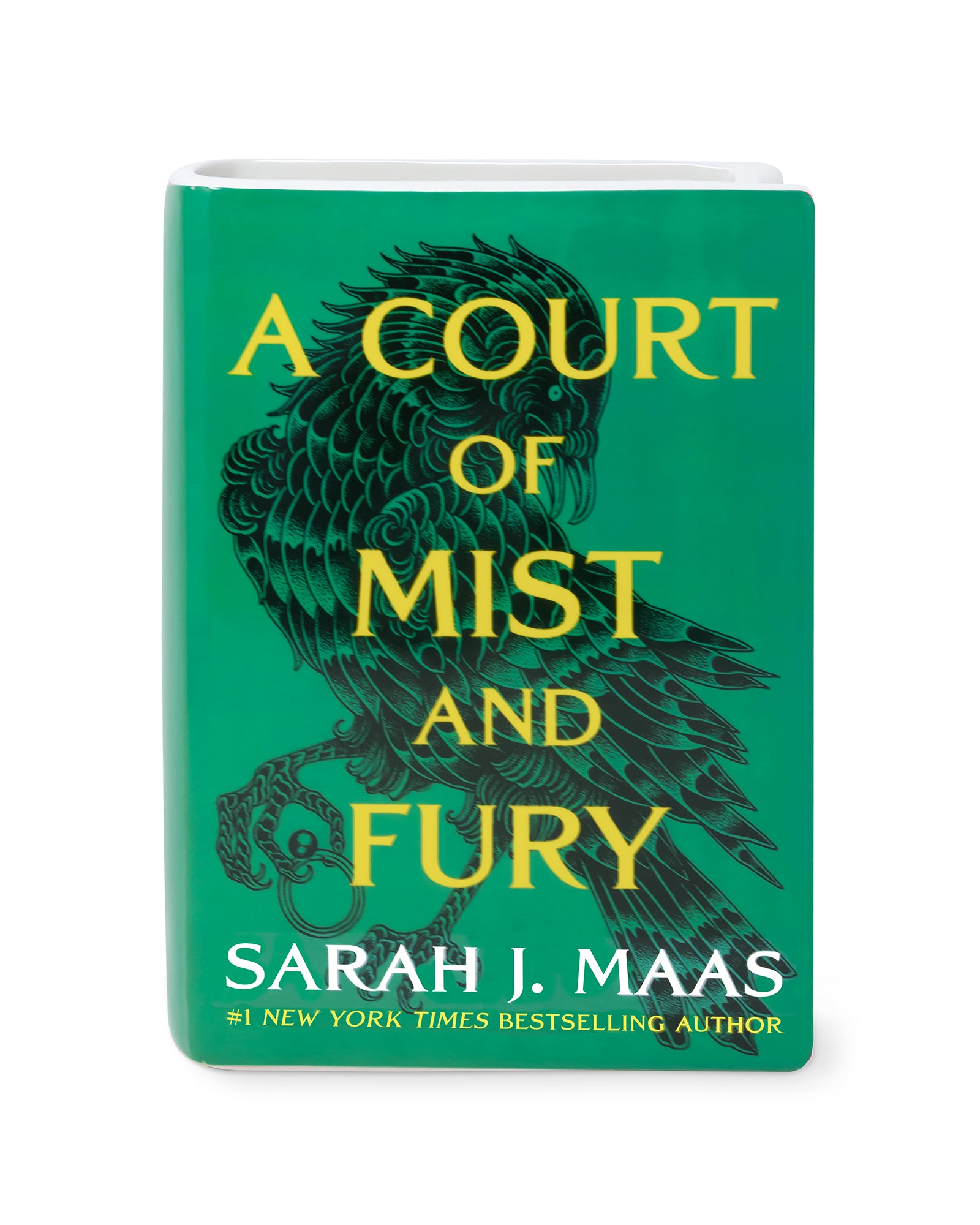 'A Court of Mist and Fury' by Sarah J. Maas vase with a green background and black bird illustration.