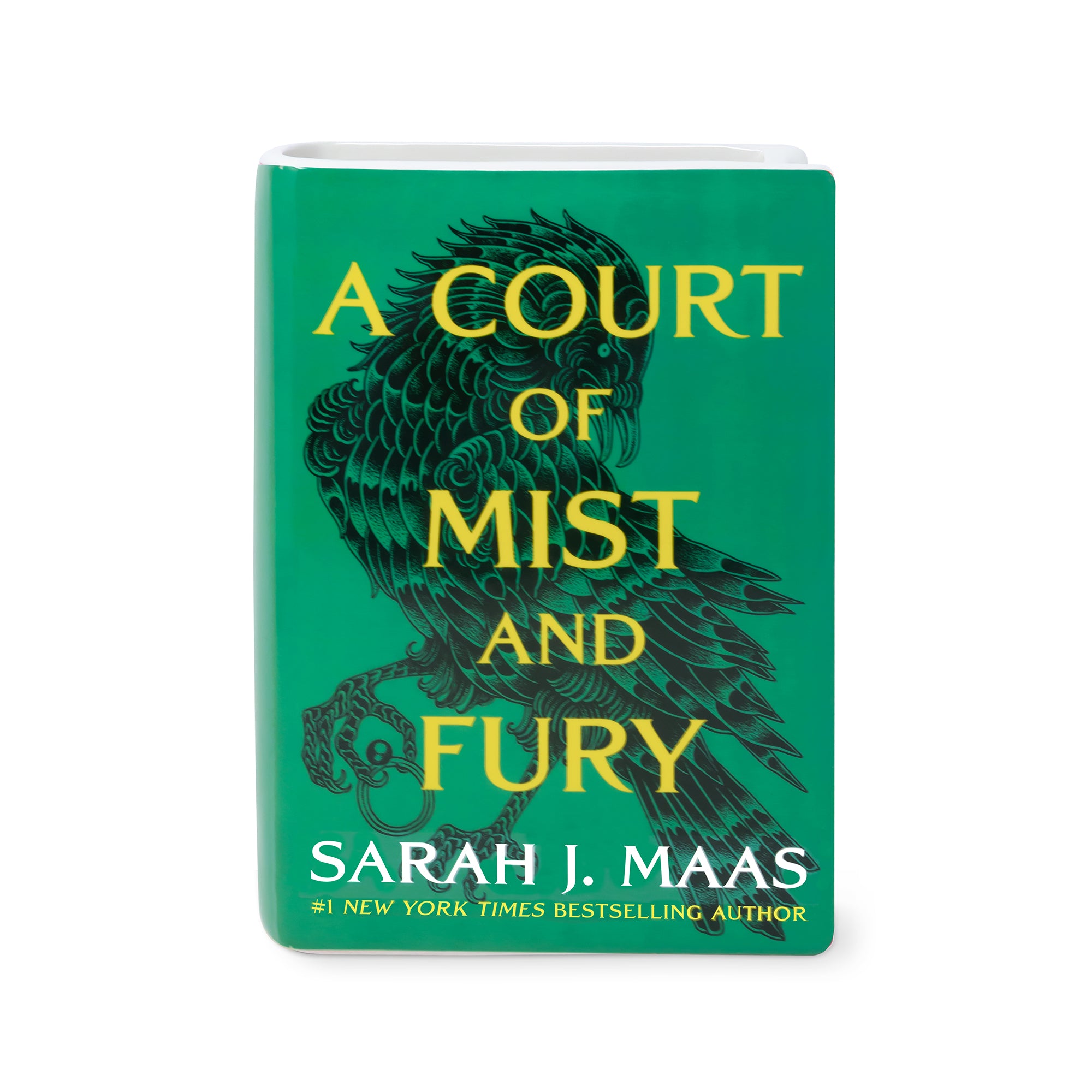 'A Court of Mist and Fury' by Sarah J. Maas vase with a green background and black bird illustration.