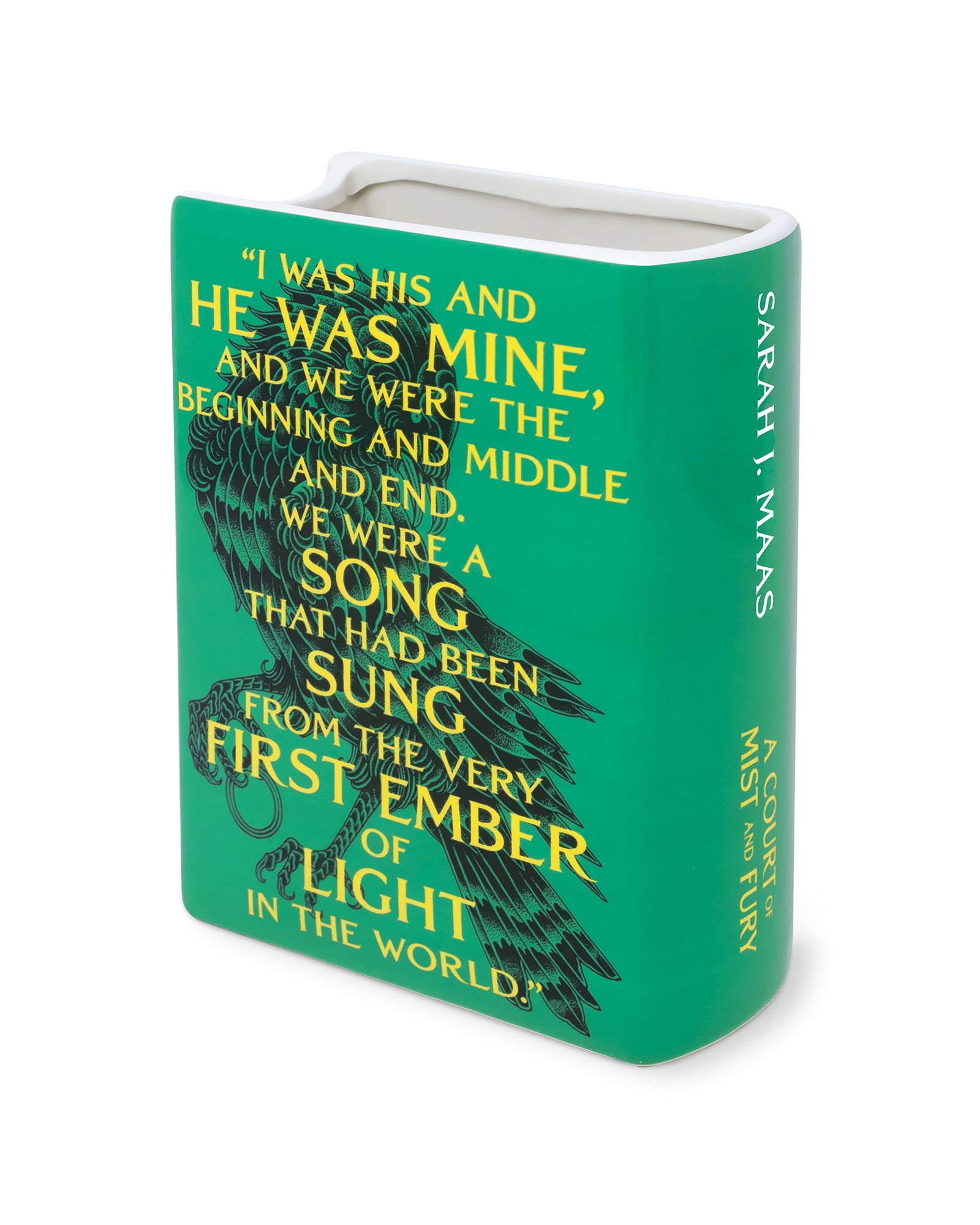 back view of 'A Court of Mist and Fury' by Sarah J. Maas vase with a green cover and white spine.