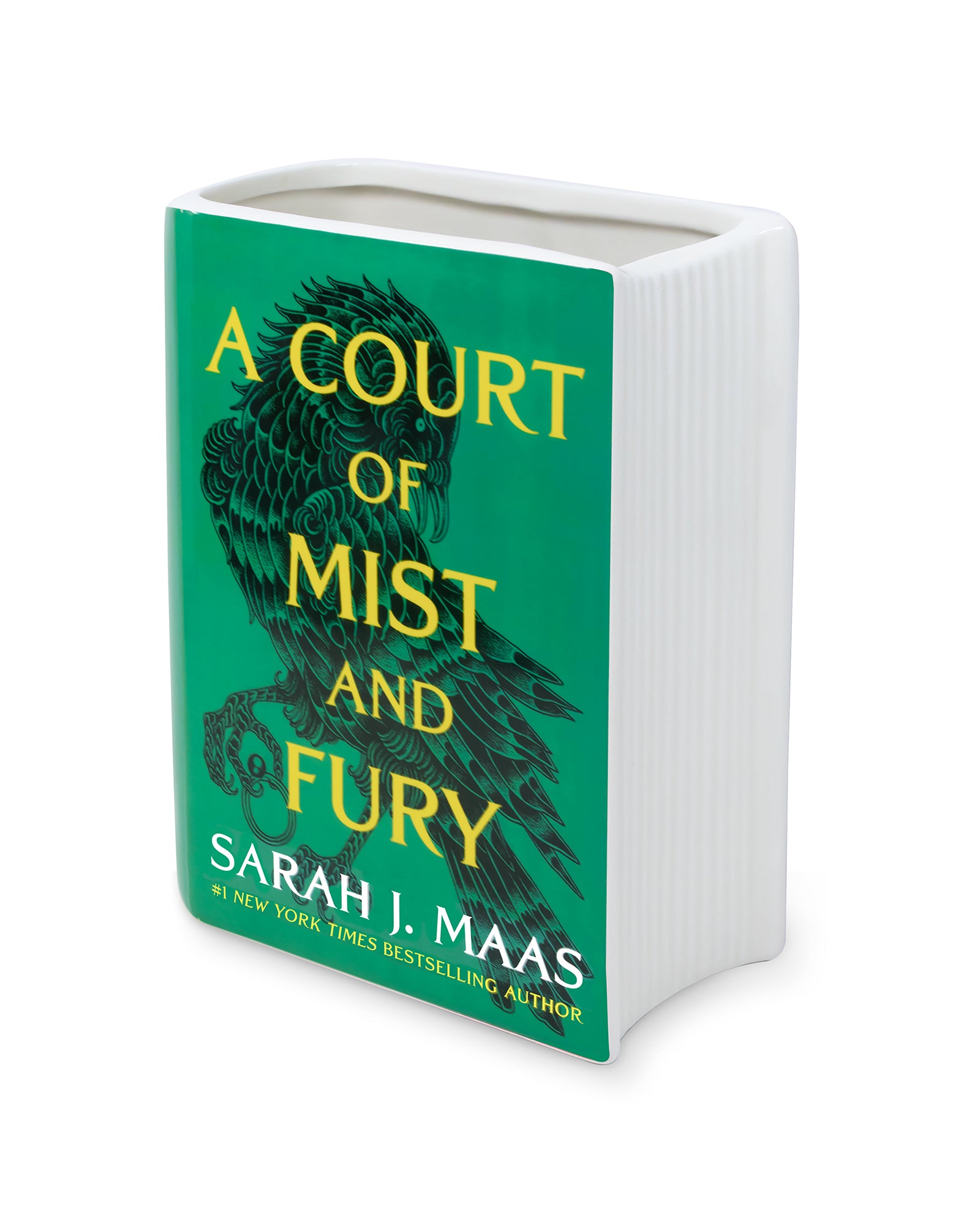 'A Court of Mist and Fury' by Sarah J. Maas vase with a green cover and white spine.