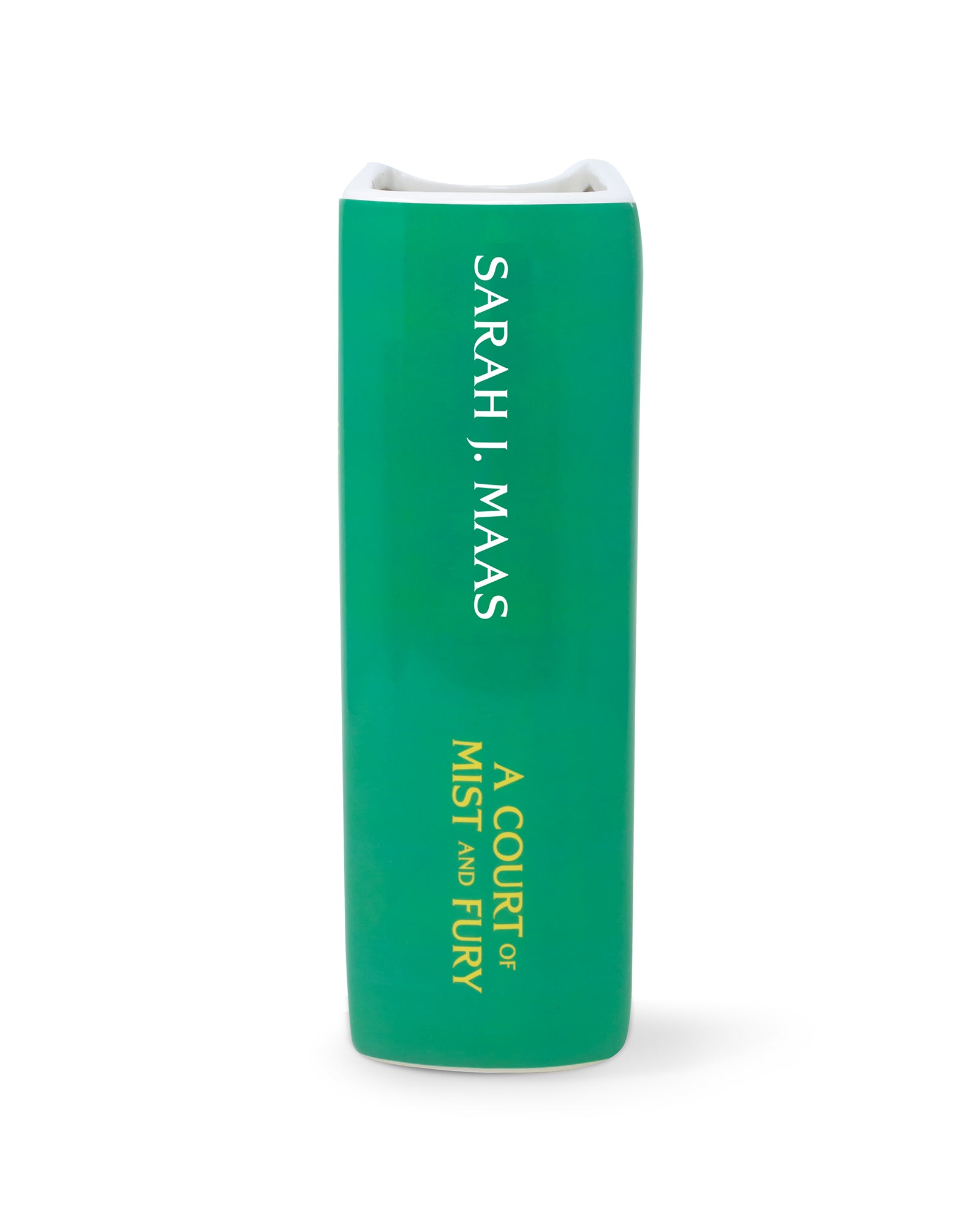 spine of 'A Court of Mist and Fury' by Sarah J. Maas vase with a green cover and white spine.
