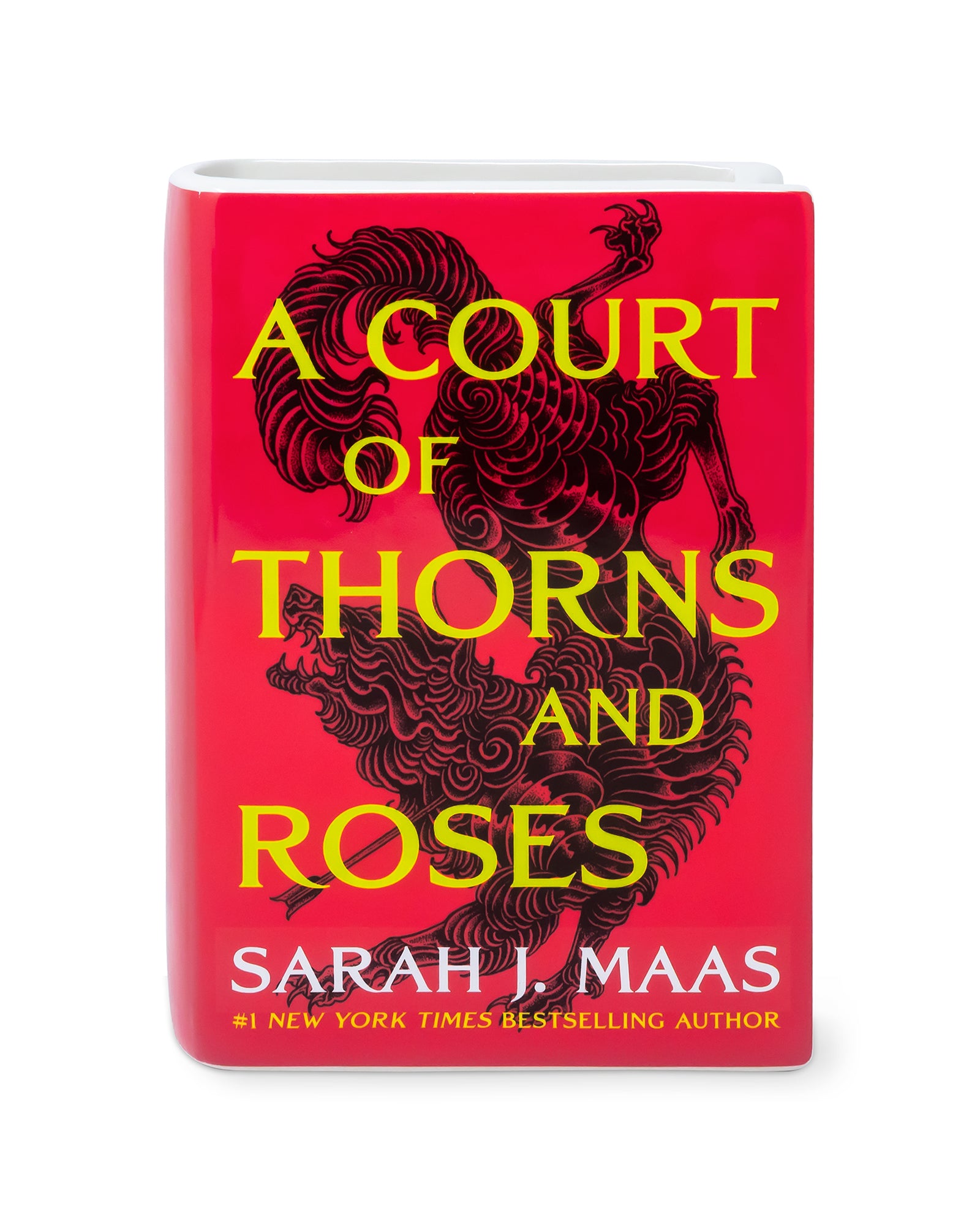 front view of book-shaped vase with 'A Court of Thorns and Roses' design on a white background