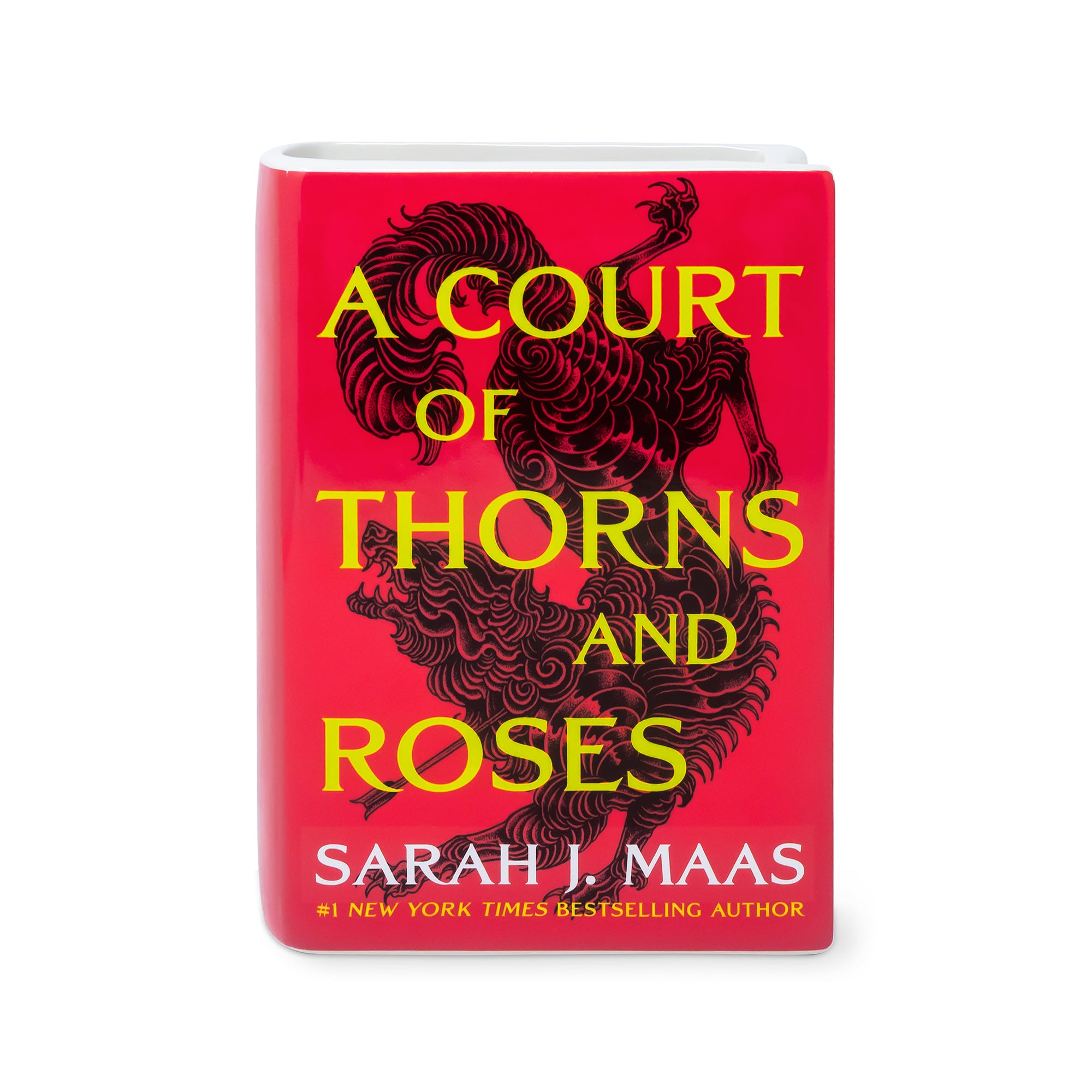 front view of book-shaped vase with 'A Court of Thorns and Roses' design on a white background