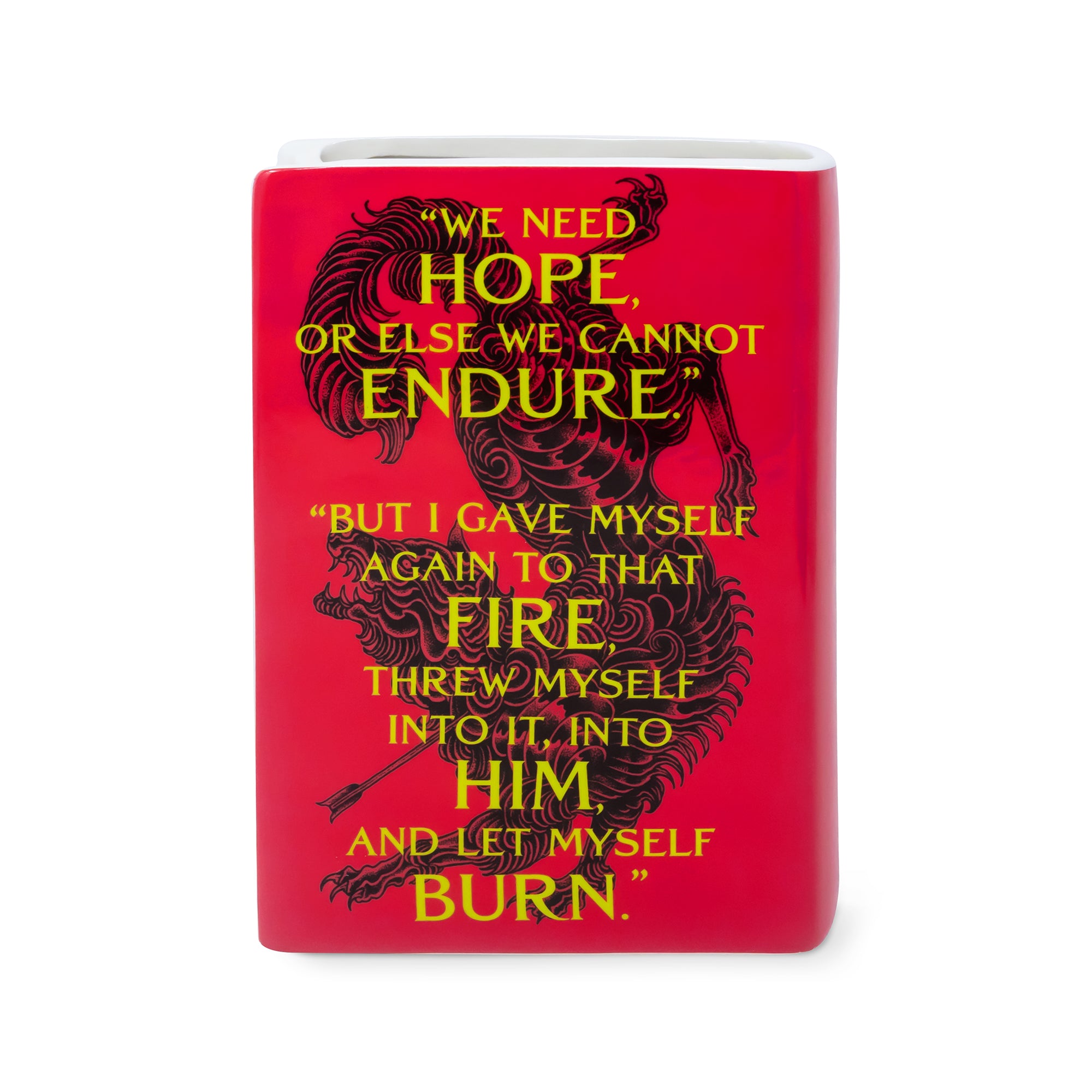 Book-shaped vase with 'A Court of Thorns and Roses' design on a white background