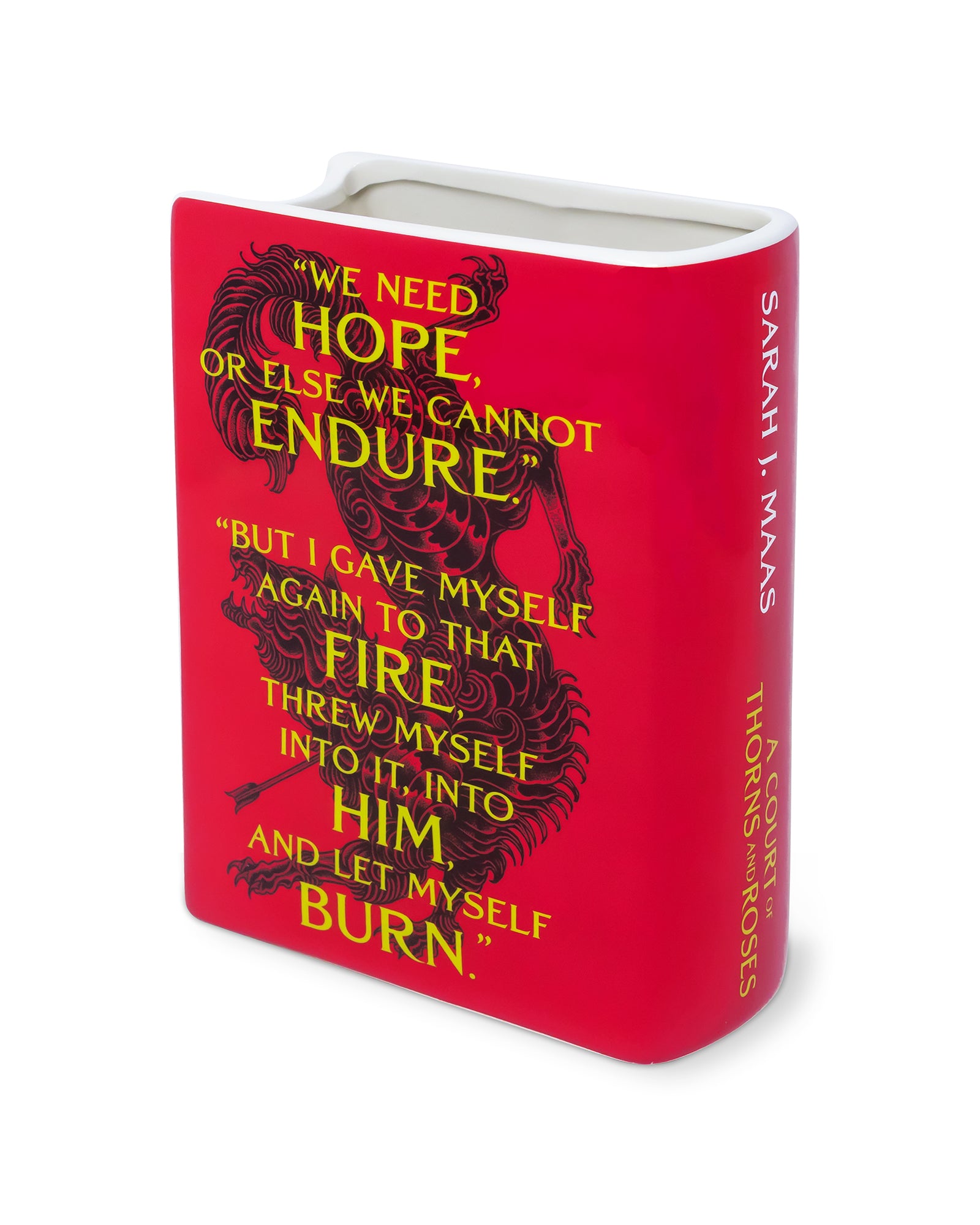 back view of book-shaped vase with 'A Court of Thorns and Roses' design on a white background