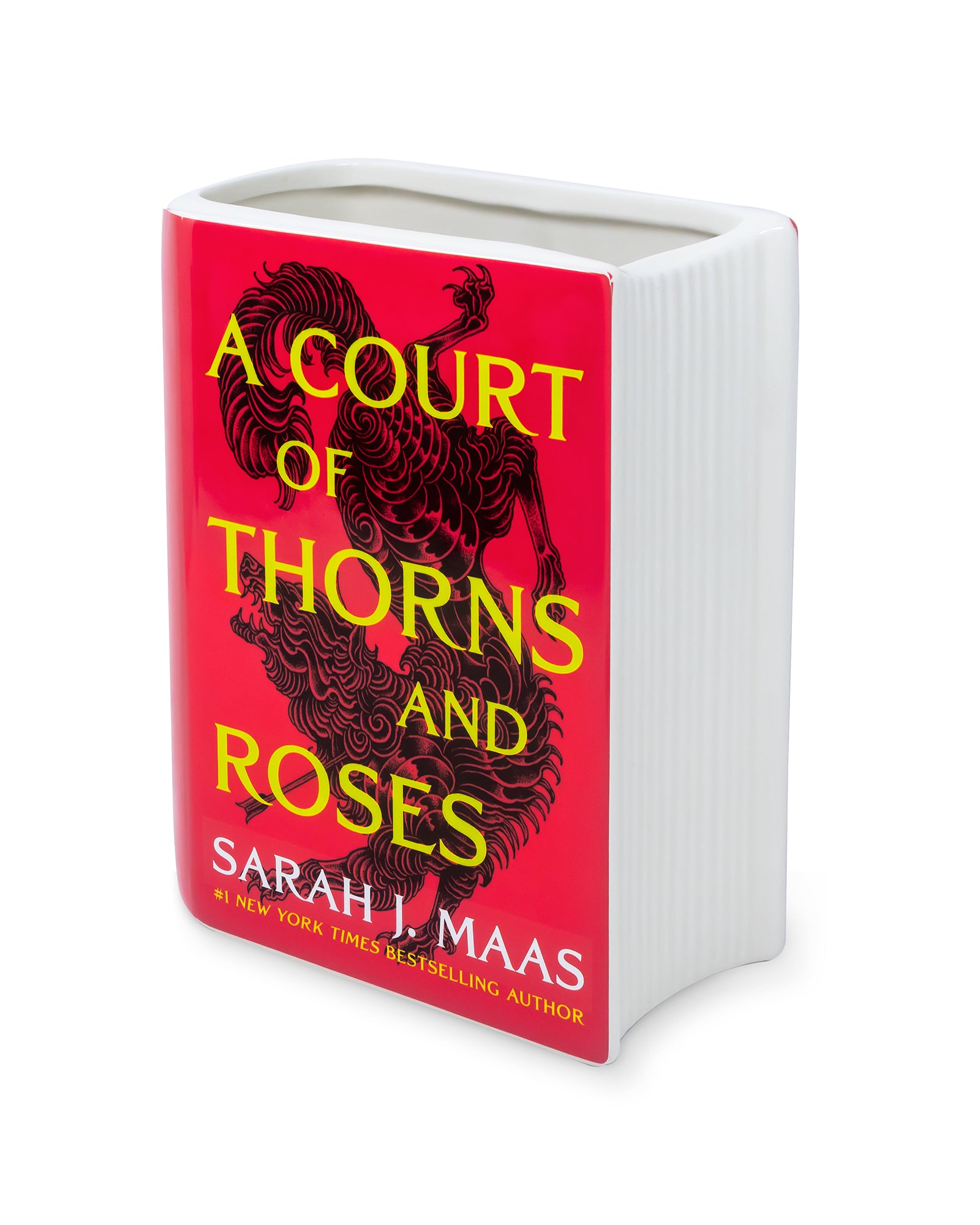 Book-shaped vase with 'A Court of Thorns and Roses' design on a white background