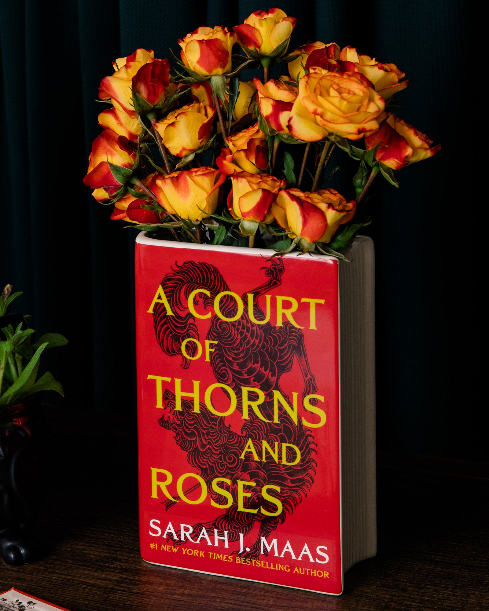 Book-shaped vase with 'A Court of Thorns and Roses' design with yellow red roses inside
