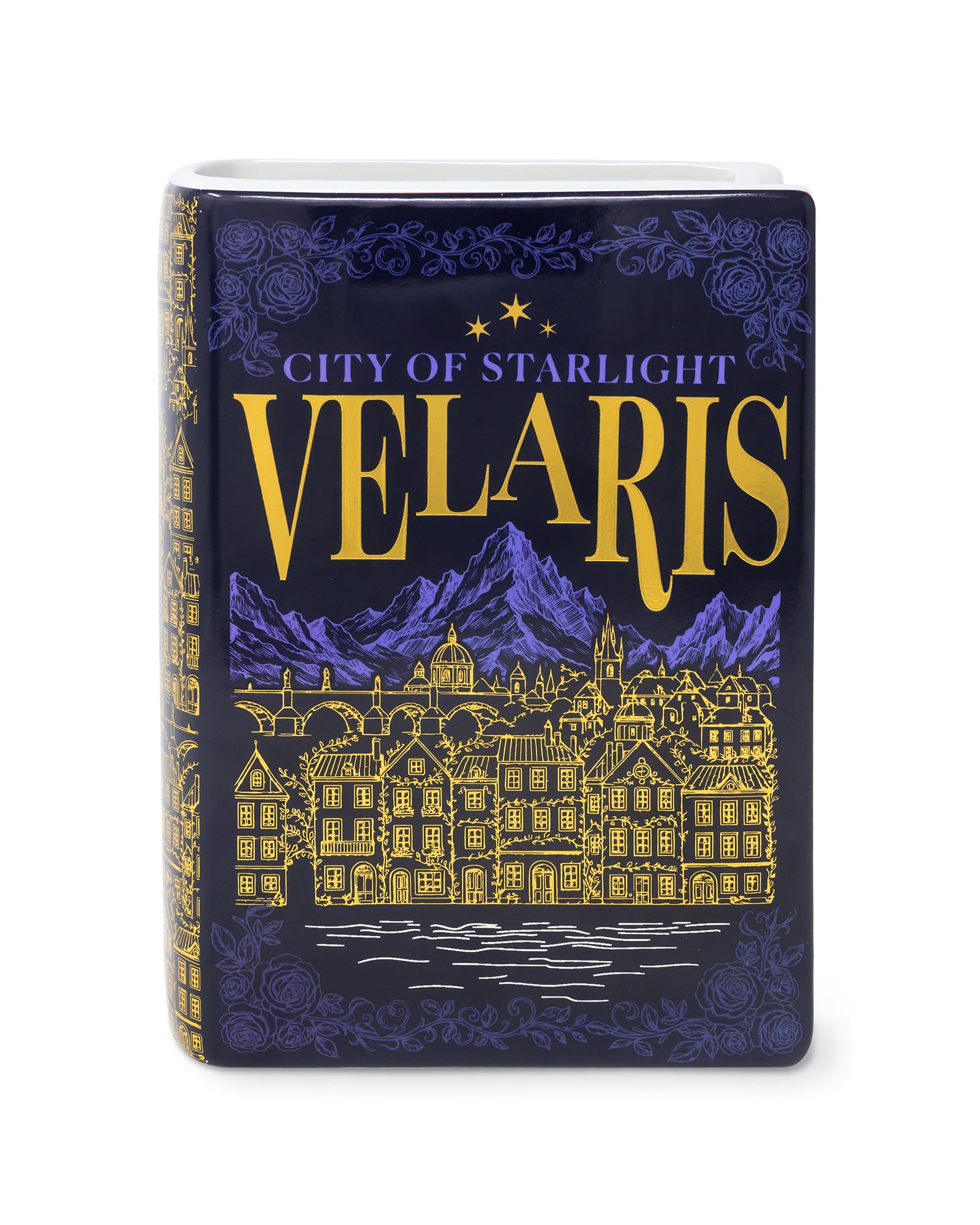 front view of book-shaped vase with 'Velaris' design on a white background