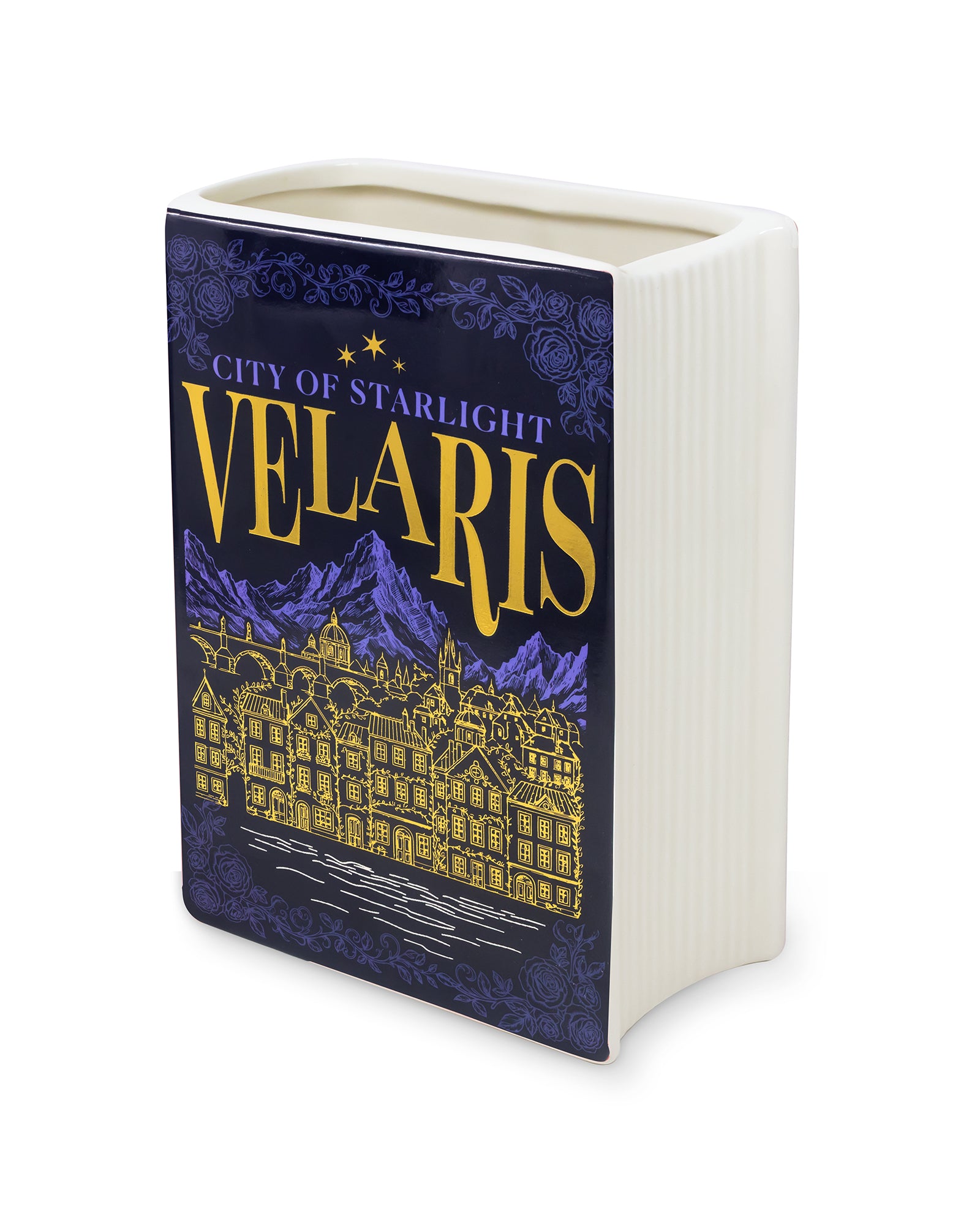 Book-shaped vase with 'Velaris' design on a white background