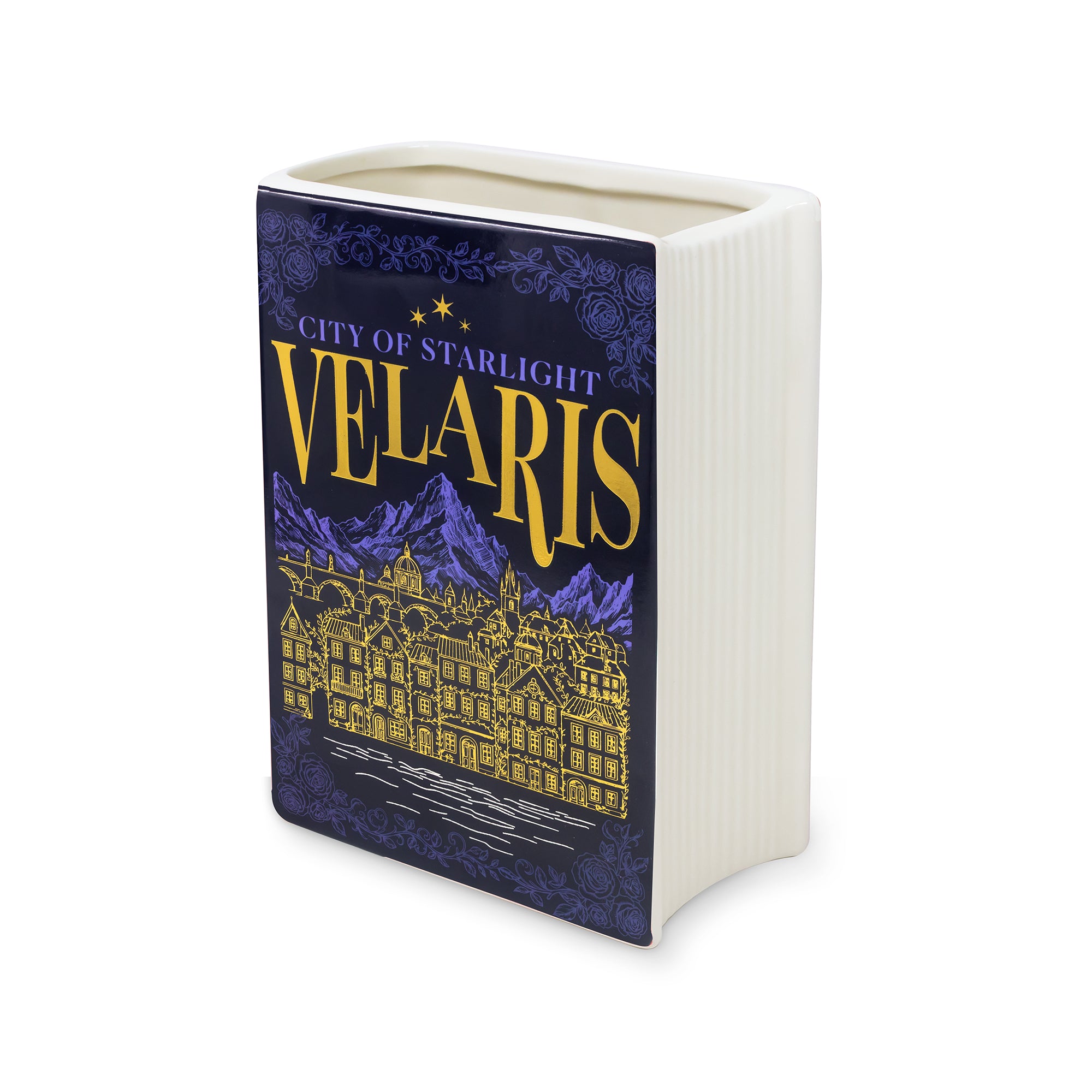 Book-shaped vase with 'Velaris' design on a white background